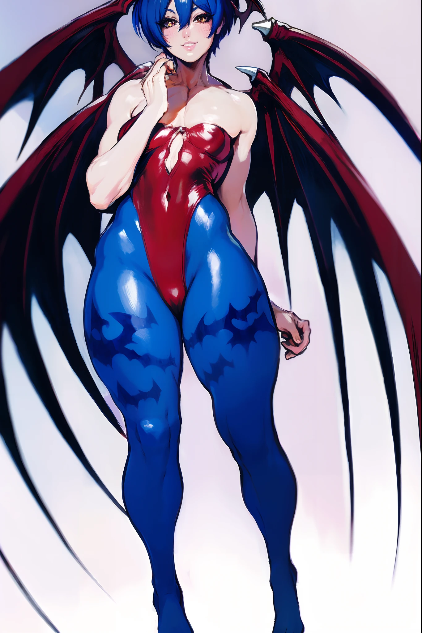 best quality,masterpiece:1.2),intricate details,beautiful detailed eyes,beautiful detailed lips,extremely detailed eyes and face,longeyelashes,darkstalkers_lilith modeseven,comic style,vibrant colors,standing,innocent, full body, standing, smile,Modeseven - Style, medium breast, feet, flying ,wings ,smile, blush, happy, leotard