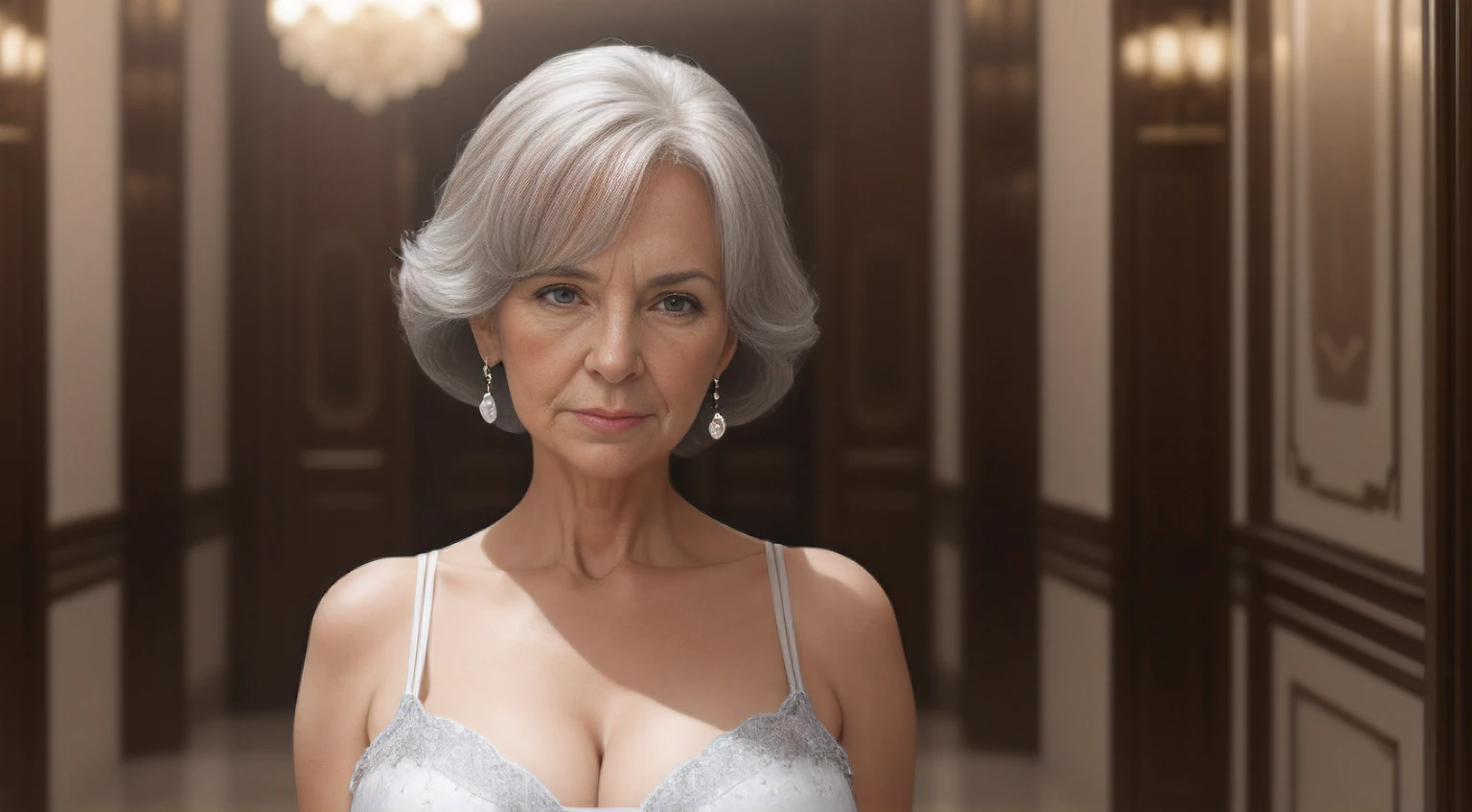 portrait of a 80-year-old woman with gray hair, seductive gaze, medium shortly old gray hair, blue eyes, a lot of wrinkles on her face, old woman, detailed wrinkles (8K, high resolution、The ultra quality,  An ultra-high picture quality、Ultrarealistic、Best Quality、masuter piece:1.2)(medium chest、Large cleavage:1.2) medium breasts are exposed、(Old women in Europe) beautiful evening dress, proper eye position,cinematic light, , soft light, hips, night time, soft moonlight, detailed background, clear background, milf, highly detail, 8k, luxury hotel corridor, clear background, president luxe hotel corridor background, ultra detailed background, detailed background, showing full body, full body, full body visible, perfect visible background