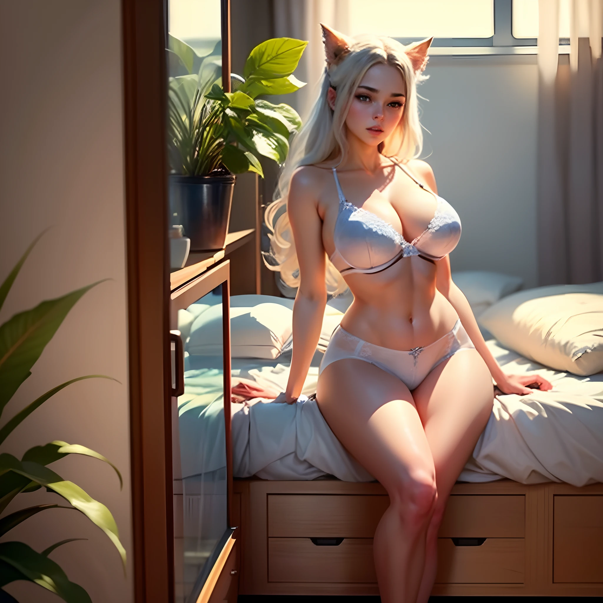 /imagine prompt:Full body, realistic Girl, Light White Plants Light Blur Background, Huge Big Breasts Big Breasts Bedroom Interior, Breast Mammary Covered with a small bra, --auto --s2