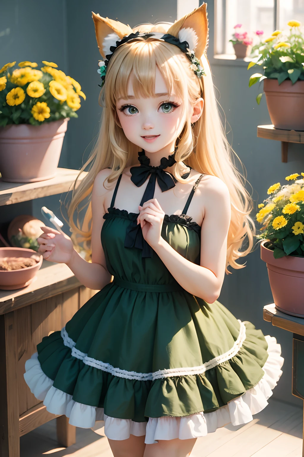 1girl in, :D, animal ear fluff, Animal ears, Bangs, black hairband, Blonde hair, Blurry, Blurry background, depth of fields, Dress, flower, flower pots, frilly dress, frilld, Green dress, Green eyes, shairband, Holding, Long hair, Open mouth, pink flowers, plant, potted plant, sketch, Sleeveless, Sleeveless dress, Smile, Solo, tail, Wrist cuffs, yellow flower, 1980s (Style)