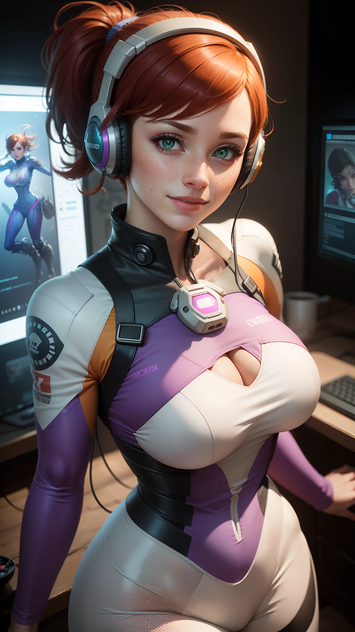 gwen tennyson,tracer,d.va,rebecca chambers,overwatch,gundam,1girl,close up,mecha pilot,space port,purple and blue plugsuit,aviator jacket,hair pin,pirate corset,white long sleeve lycra top,white leggings,short hair,war makeup,green eyes,orange hair,hair highlights,shy smile,freckles,redhead,beautiful girl,large breasts,ultra detailed,realistic,fantasy art, gaming room,gaming headset,
