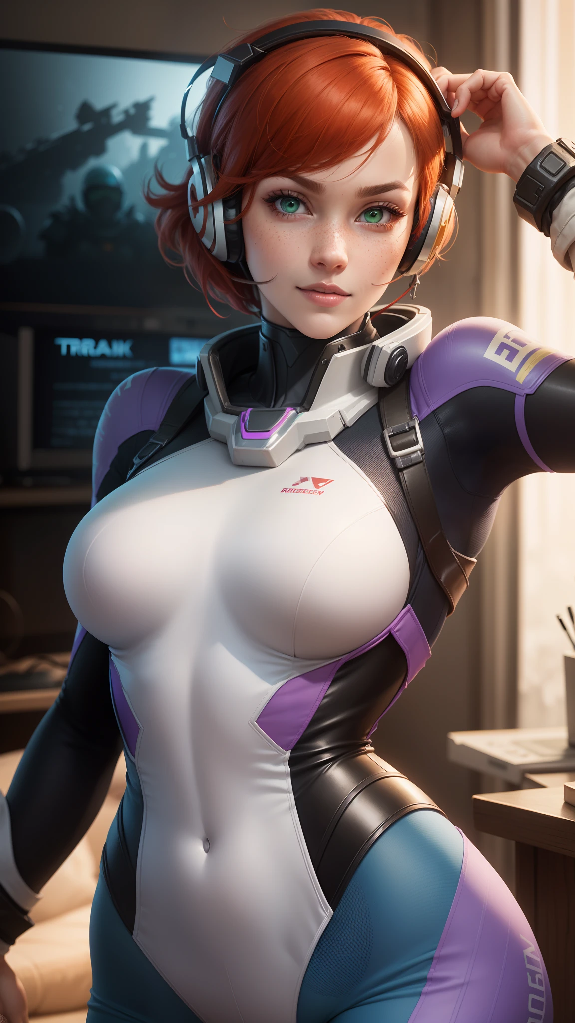 gwen tennyson,tracer,d.va,rebecca chambers,overwatch,gundam,1girl,close up,mecha pilot,space port,purple and blue plugsuit,aviator jacket,hair pin,pirate corset,white long sleeve lycra top,white leggings,short hair,war makeup,green eyes,orange hair,hair highlights,shy smile,freckles,redhead,beautiful girl,large breasts,ultra detailed,realistic,fantasy art, gaming room,gaming headset,