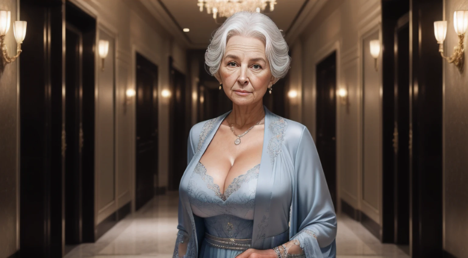 portrait of a 80-year-old woman with gray hair, seductive gaze, medium shortly old gray hair, blue eyes, a lot of wrinkles on her face, old woman, detailed wrinkles (8K, high resolution、The ultra quality,  An ultra-high picture quality、Ultrarealistic、Best Quality、masuter piece:1.2)(medium chest、Large cleavage:1.2) medium breasts are exposed、(Old women in Europe) beautiful evening dress, proper eye position,cinematic light, , soft light, hips, night time, soft moonlight, detailed background, clear background, milf, highly detail, 8k, luxury hotel corridor, clear background, president luxe hotel corridor background, ultra detailed background, detailed background, showing full body, full body, full body visible, perfect visible background