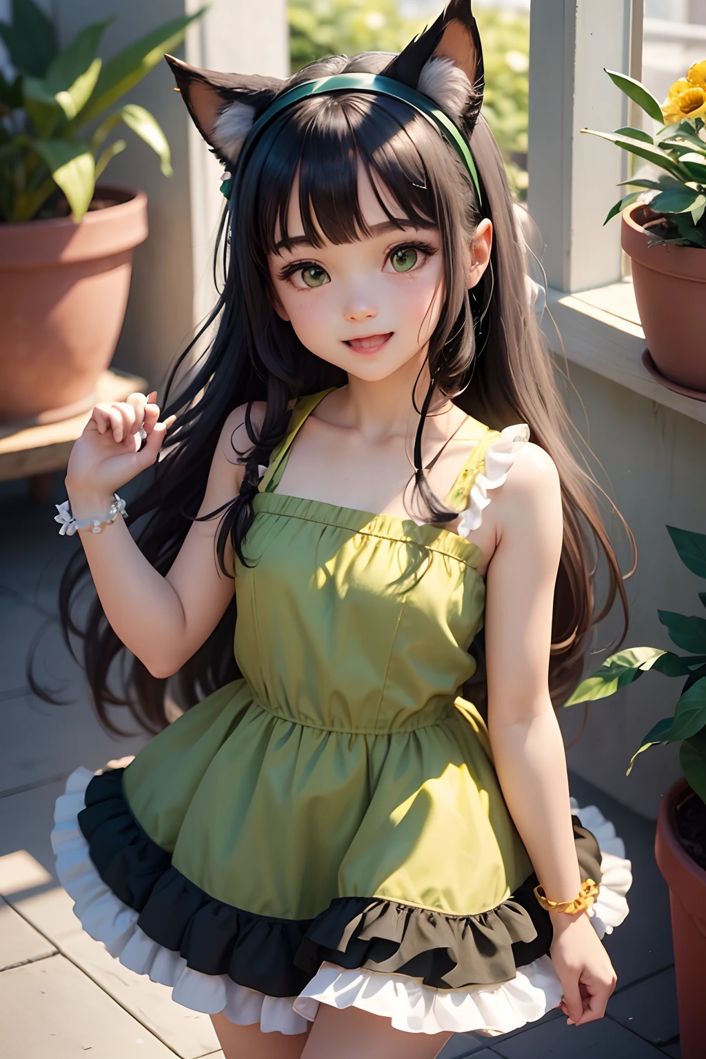 1girl in, :D, animal ear fluff, Animal ears, Bangs, black hairband, Blonde hair, Blurry, Blurry background, depth of fields, Dress, flower, flower pots, frilly dress, frilld, Green dress, Green eyes, shairband, Holding, Long hair, Open mouth, pink flowers, plant, potted plant, sketch, Sleeveless, Sleeveless dress, Smile, Solo, tail, Wrist cuffs, yellow flower, 1980s (Style)