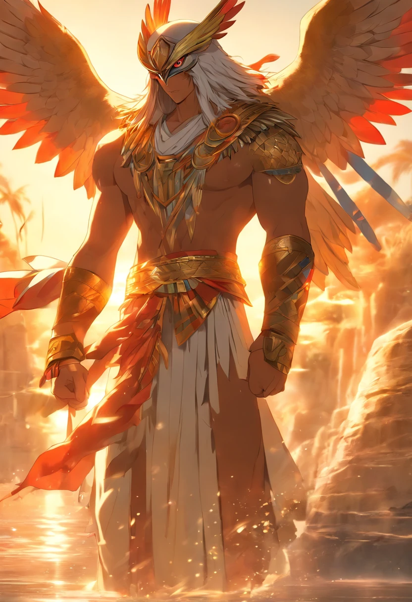 (((Man body and falcon helmet))) best quality, ultra-high resolution, 4K detailed CG, master piece, Egyptian mythology,Tuna-Ra, sunrise,Ancient Egypt, standing pose, bird head , White clothes, Egyptian clothes, underworld, stream, River Nile, River, desert, Ancient Egypt, ((Bird helmet, man's body)), sunrise, aesthetics, Beautiful image, centered on the screen, standing pose, rising sun