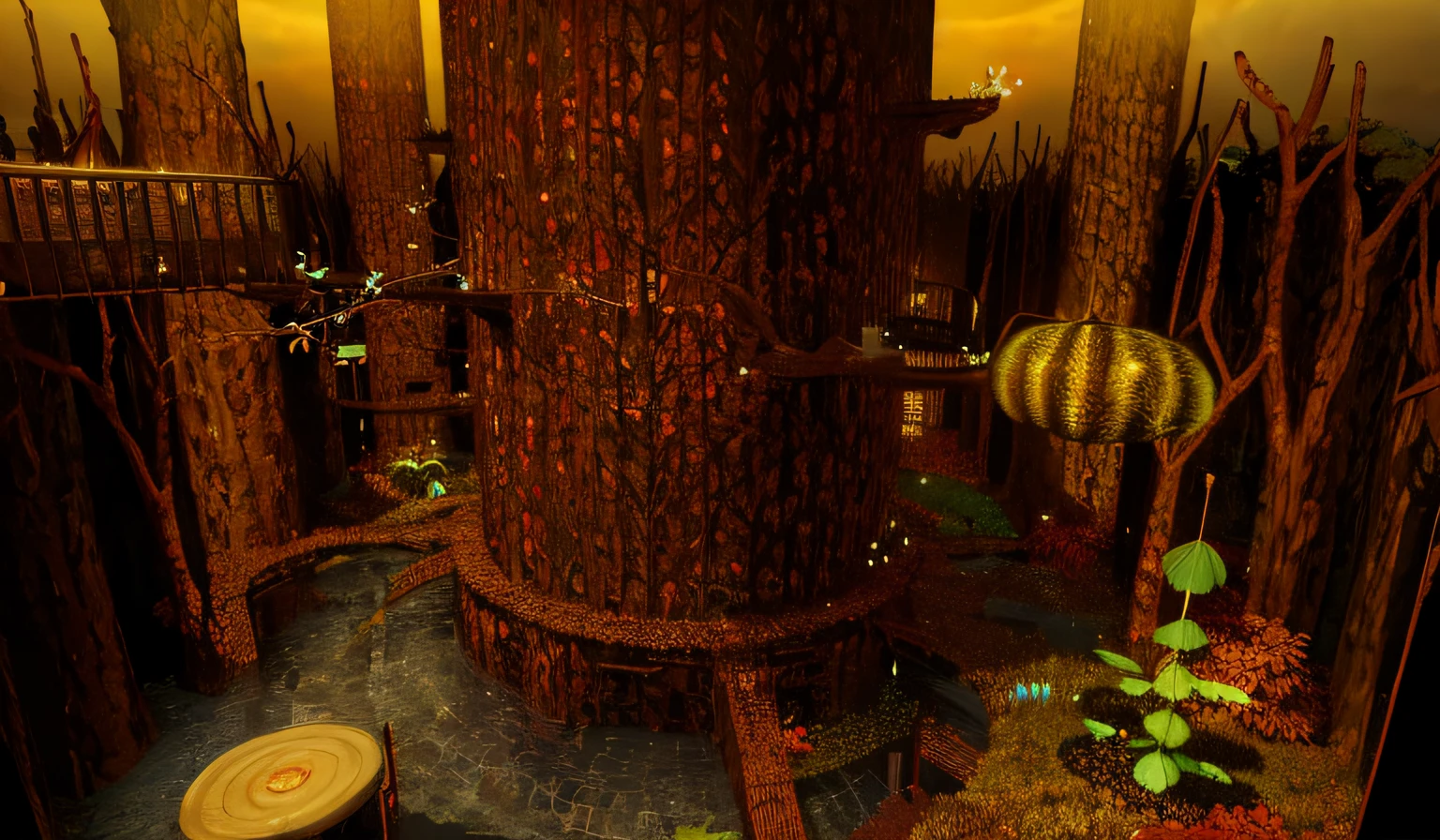 autumn large tree in the middle hive house and lake plant