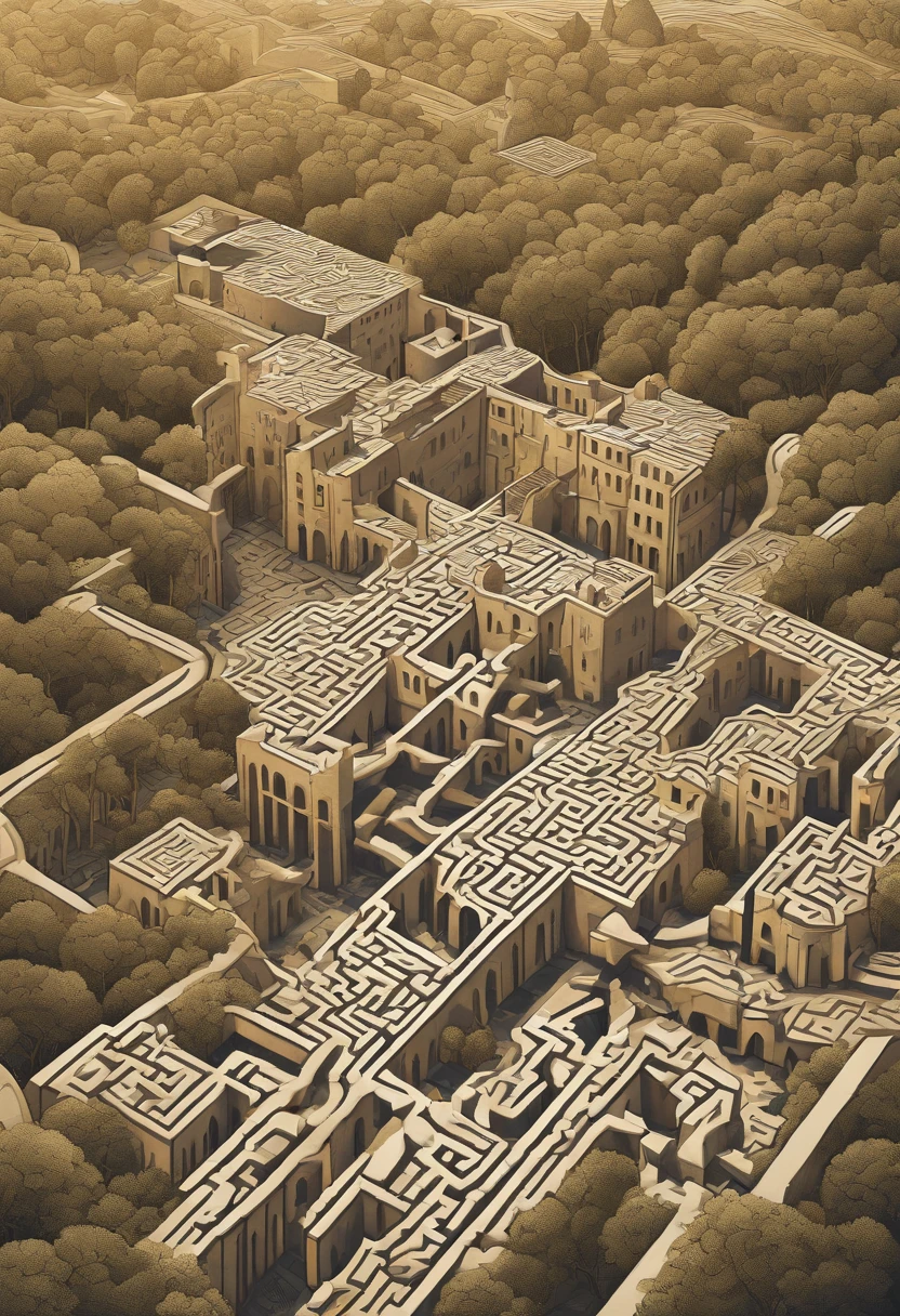 An illustration of a complex labyrinth with several branches, representing a divergent narrative. Inspired by MC Escher's art style, the maze features intricate lines and illusory perspectives. With a vibrant and contrasting color palette, the maze conveys the idea of different paths to explore. The facial expressions of the characters within the maze are one of surprise and curiosity. The lighting is bright and the atmosphere is one of discovery and challenge.--v 5 --stylize 1000