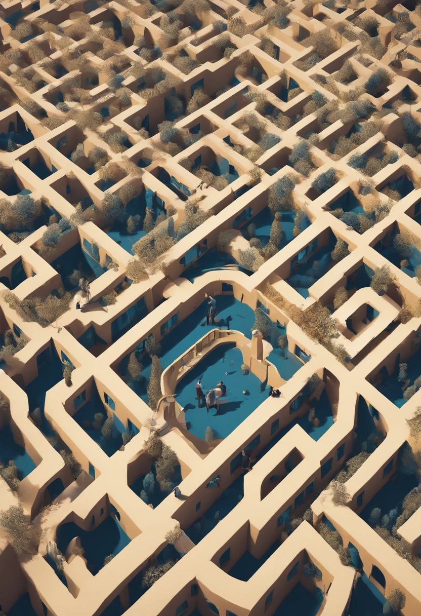 An illustration of a complex labyrinth with several branches, representing a divergent narrative. Inspired by MC Escher's art style, the maze features intricate lines and illusory perspectives. With a vibrant and contrasting color palette, the maze conveys the idea of different paths to explore. The facial expressions of the characters within the maze are one of surprise and curiosity. The lighting is bright and the atmosphere is one of discovery and challenge.--v 5 --stylize 1000