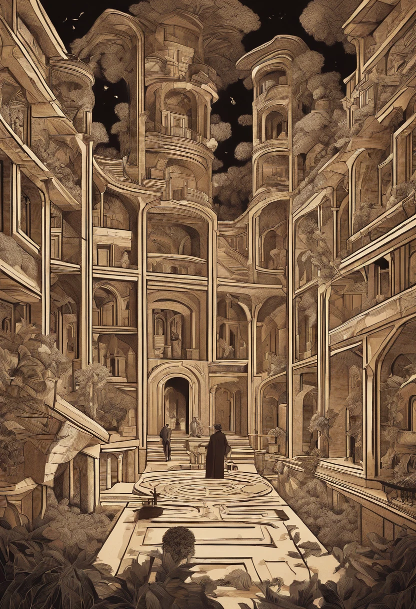 An illustration of a complex labyrinth with several branches, representing a divergent narrative. Inspired by MC Escher's art style, the maze features intricate lines and illusory perspectives. With a vibrant and contrasting color palette, the maze conveys the idea of different paths to explore. The facial expressions of the characters within the maze are one of surprise and curiosity. The lighting is bright and the atmosphere is one of discovery and challenge.--v 5 --stylize 1000