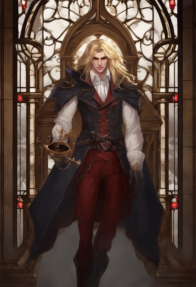 Чемпион по League of Legends, guy, l vampire, aristocrat, The Gloomy Castle, blond long hair, red-eyes, Goblet of Blood
