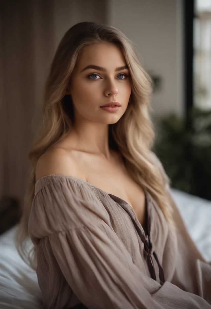 Arafed Full Woman, Sexy Girl with Blue Eyes, , Ultra Realistic, Meticulously Detailed, Portrait of Sophie Mudd, Blonde Hair and Big Eyes, Selfie of a Young Woman, Bedroom Eyes, Violet Myers, No Makeup, Natural Makeup, Looking Directly at the Camera, face artgram, subtle make-up, Impressive photo of the whole body kneeling on the bed, In the bedroom, Medium and large size chest, allowing the face to be seen clearly, portrait