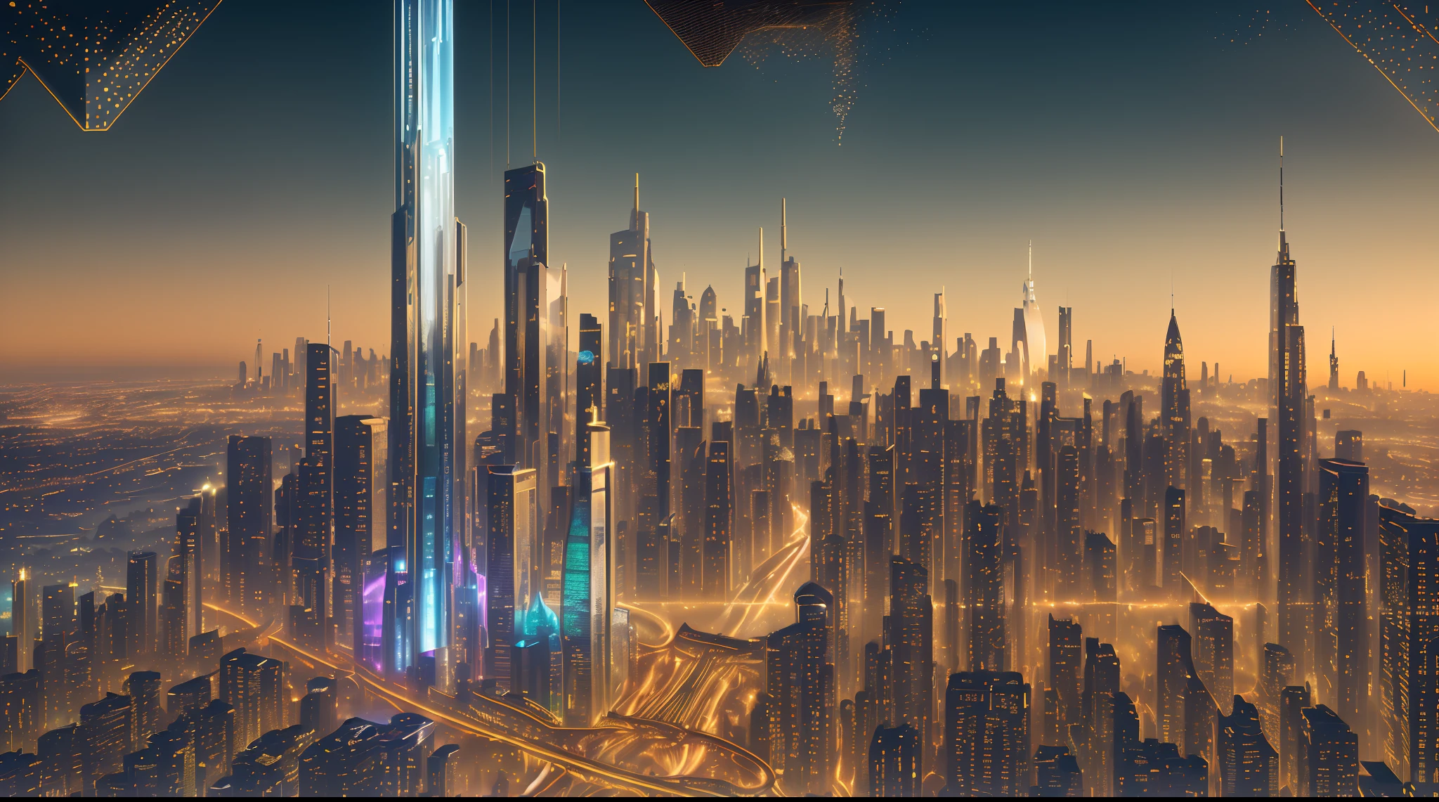 (best quality,4k,8k,highres,masterpiece:1.2),ultra-detailed,realistic,cityscape,golden,futuristic,shining buildings,tower,skyscrapers,high-tech,glimmering lights,star-filled sky,hovering vehicles,advanced transportation system,floating gardens,hanging gardens,golden bridges,artificial intelligence,advanced robotics,smart city technology,vibrant colors,shiny surfaces,golden streets,majestic skyline,impressive architecture,glowing symbols,energy-efficient buildings,illuminated billboards,panoramic view,extravagant wealth,progressive society,innovative design,seamless blend of nature and technology,metropolis,fantastical structures,ethereal atmosphere,aesthetic appeal,impressive urban planning,modern amenities,exquisite details,future is golden,limitless possibilities