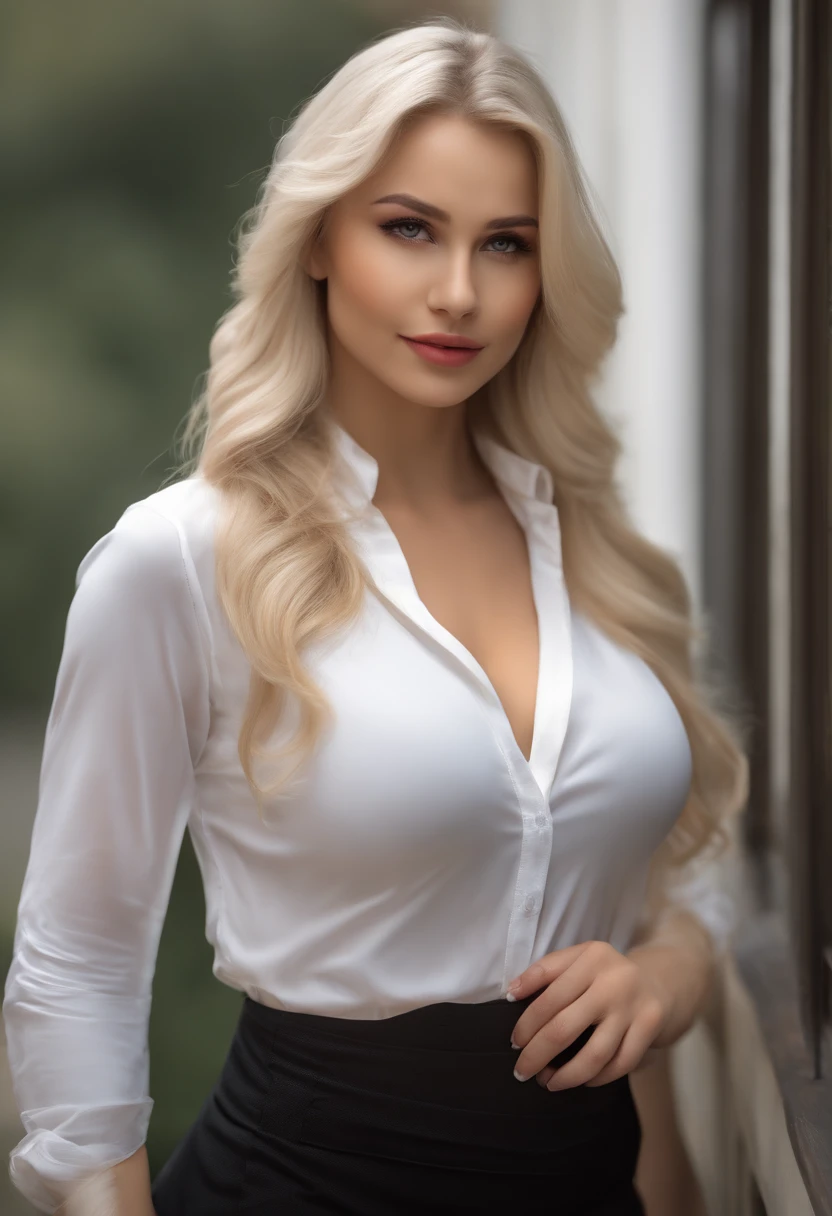 professional, (4k photo:1.1) by (Jeremy Lipking:0.3), (Dittmann Anna:0.3), (Arian Mark:0.3), (Sharp focus:1.3), high detail, wearing (lowcut shirt:1.2), beautiful detailed face, hazel eyes, long brown hair, (attractive young woman:1.3), (seductive:1.1), (blushing:1.1), hourglass body shape, large round big breasts, wide thicc hips, blonde goddess, tight outfit, tight attire, smiling seductively, pretty face, perfect white haired girl, satisfied pose, cute seductive smile, beautiful blonde girl, good young girl, beautiful angle, attractive pose, cute girl, sexy pose, a gorgeous blonde, full body picture, full body, full body shoot, wearing white skirt and boots, with lingerie white.