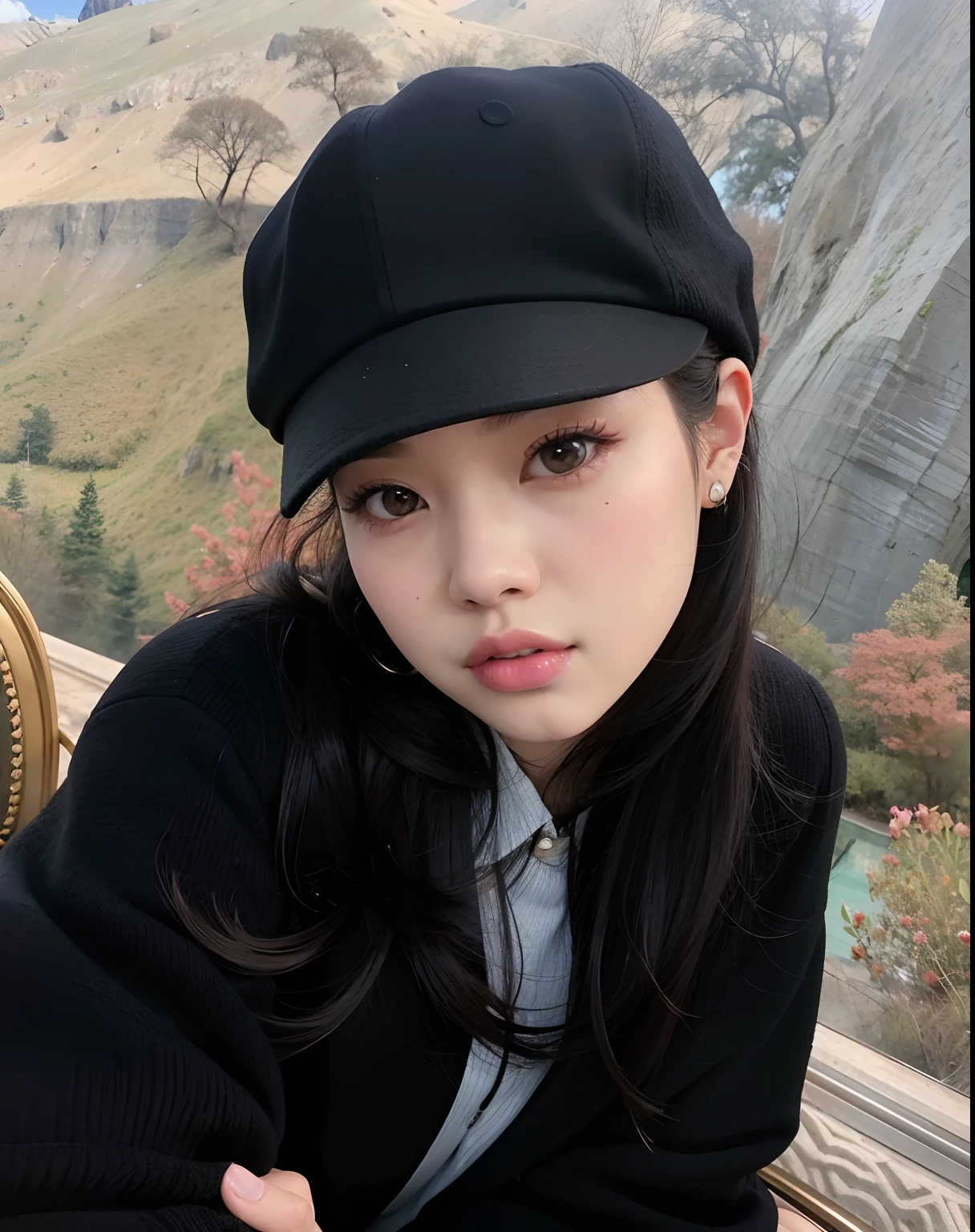 There's a young woman sitting on a chair with a hat on, jennie blackpink, Kim Doyoung, Heonhwa Choe, Parque Ji-min, jisoo do blackpink, Jinyoung Canela, Jisoo do Blackpink, Retrato de Jossi de Blackpink, Gongbi, Lee Ji - Eun, Lee Ji-eun, Hwang SE - EM, jossi do blackpink