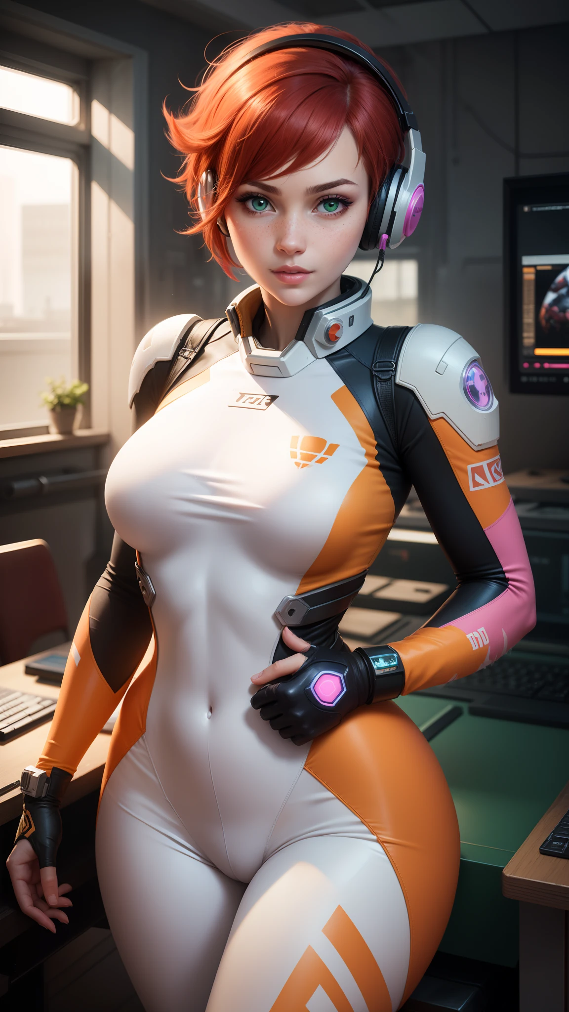 gwen tennyson,tracer,d.va,rebecca chambers,overwatch,gundam,1girl,close up,mecha pilot,spacecraft,orange and pink plugsuit,aviator jacket,hair pin,pirate corset,white long sleeve lycra top,white leggings,short hair,cute makeup,green eyes,orange and pink hair,shy smile, freckles,redhead,beautiful girl,large breasts,ultra detailed,realistic,fantasy art, gaming room,gaming headset,