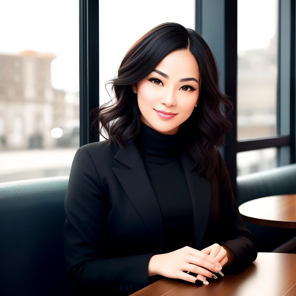 Generate an image of a young woman, 38 years old, with a medium fat body, dark skin, no hair, elegant and sophisticated. She wears an orange turtleneck and a black blazer and black pants. She has her mouth closed with a slight smile. She is sitting in a luxurious bistro, near the window. well-groomed and realistic hands.