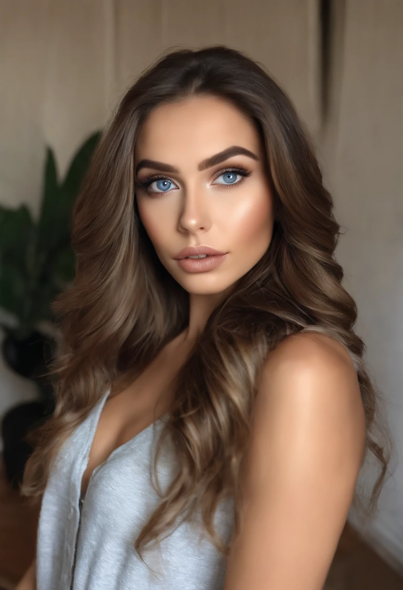 Arafed Mulher Cheia , menina sexy com olhos azuis, ultra realista, Meticulosamente detalhado, Retrato Sophie Mudd, cabelos loiros e olhos grandes, Selfie de uma jovem mulher, Olhos no quarto, Violeta Myers, ohne Maquiagem, maquiagem natural, staring directly at camera, Rosto com Artgram, dezentes Maquiagem, Impressionante tiro de corpo inteiro, ajoelhado na cama, no quarto, busto grande