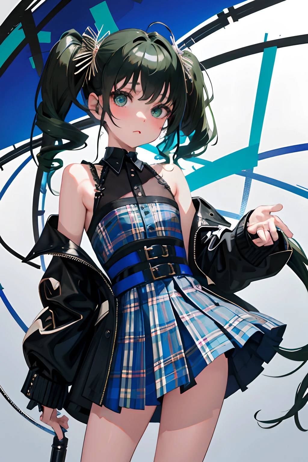 turned around,(masterpiece,Highest Quality),(child:1.3),Blue-green goth spank,long-sleeve,Burberry plaid knee-length skirt,Absolute area,(A dark-haired,short twintails),embarrassed from,Delicate body,petite body