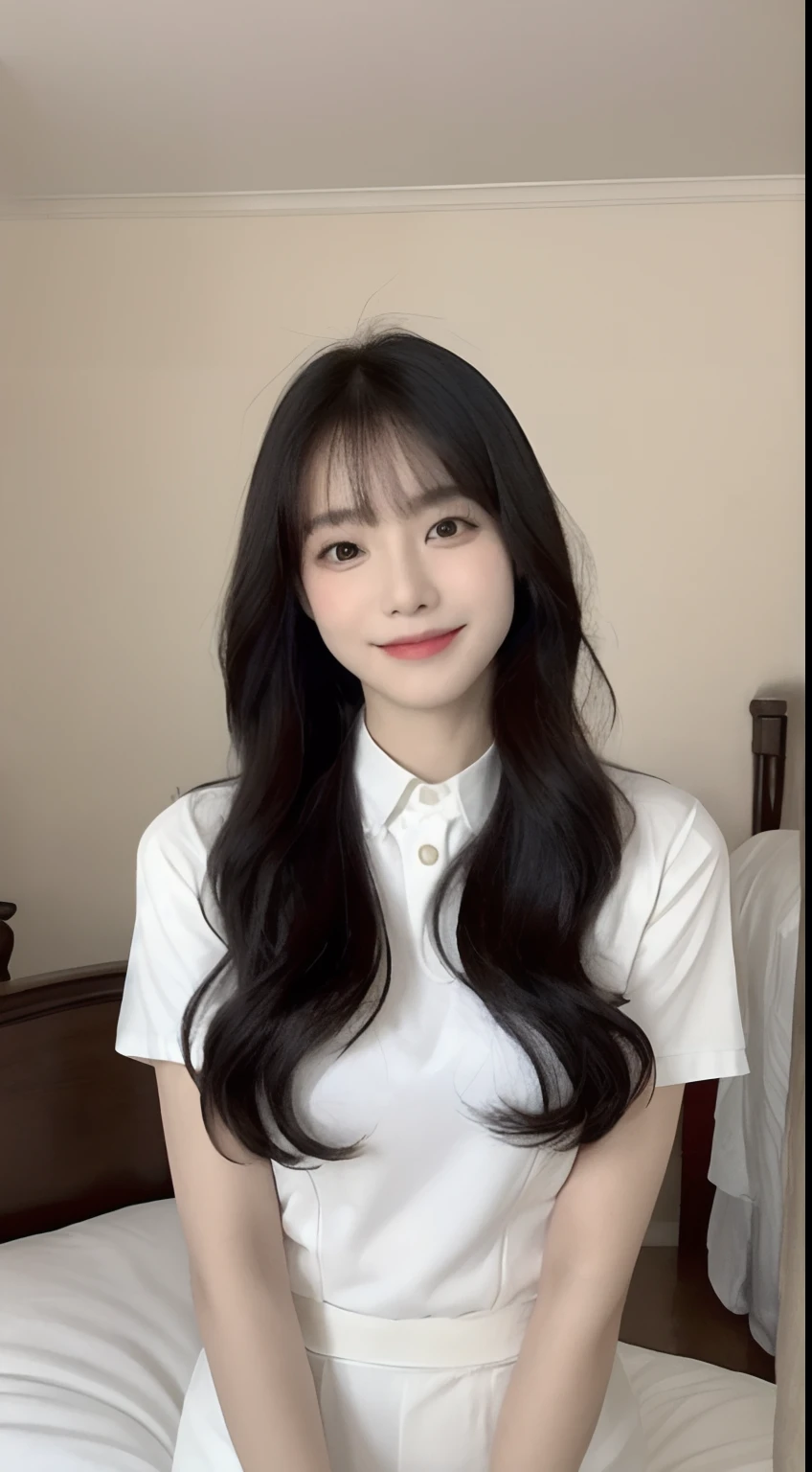 (1 Korean star with royal sister style), ((Best quality, 8K, 巨作: 1.3)), focal point: 1.2, Perfect body proportions: 1.4, (Make a smile), Watery eyes, Highly Detailed Face and Skin Textur, Fine eyes, Double eyelids, Whitens the skin, (long whitr hair, By bangs: 1.3), (face round: 1.5), (Black JK uniform: 1.4), (white stockings: 1.4),(JK style:1.4),(Girls' bedroom:1.3)