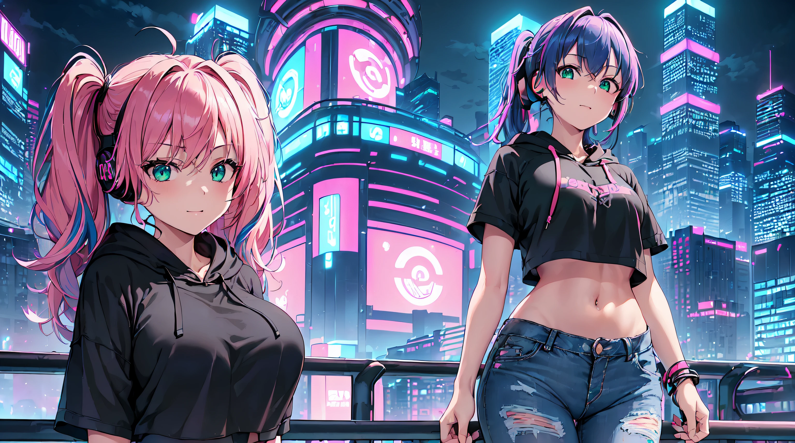 ​masterpiece, 1girl ((20year old, Black short sleeve hoodie exposes navel, tight blue jeans, medium breasts, multicolor pink hair, twin ponytails, green eyes, Happiness, headphones, urban cityscape at night, neon lights and towering skyscrapers, futuristic and energetic atmosphere)）