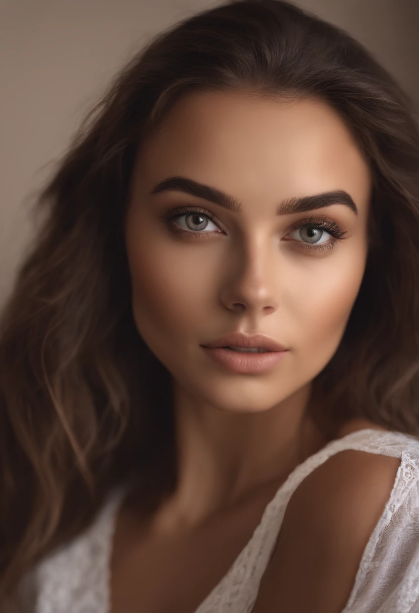 Arafed woman completely , fille sexy aux yeux bruns, ultra realist, hispanic, Portrait Sophie Mudd, cheveux bruns et grands yeux, selfie of a young woman, Yeux de chambre, Violet Myers, sans maquillage, maquillage naturel, looking straight at camera, Visage avec Artgram, Maquillage subtil, Great photo of the whole body kneeling on the bed, dans la chambre, Medium to large bust