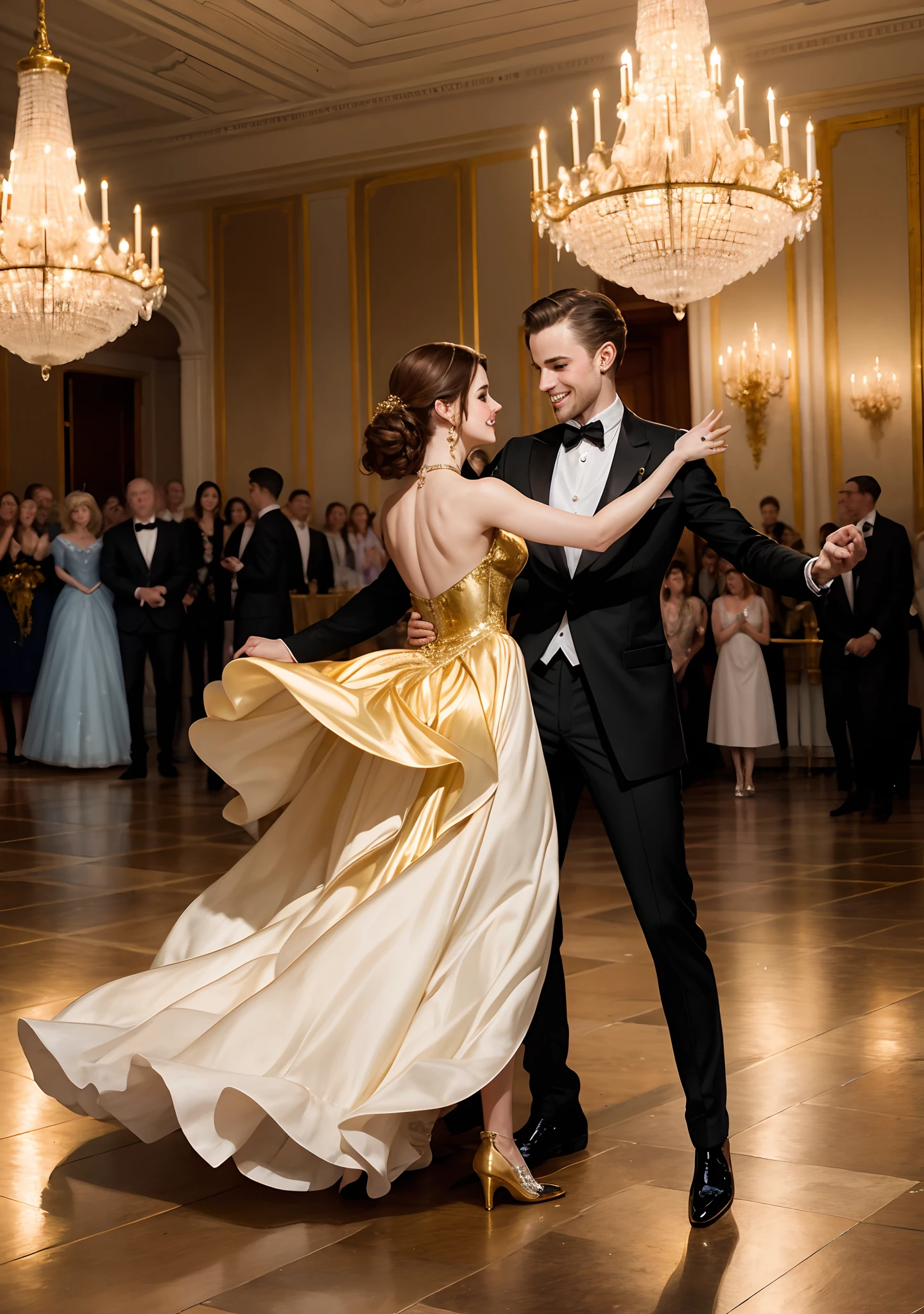 Emma Watson as Cinderella, in a flowing golden dress, dancing gracefully in a grand ballroom adorned with crystal chandeliers, a sea of elegantly dressed guests, a feeling of romance and magic in the atmosphere, Painting, acrylic on canvas, rich and vibrant colors,