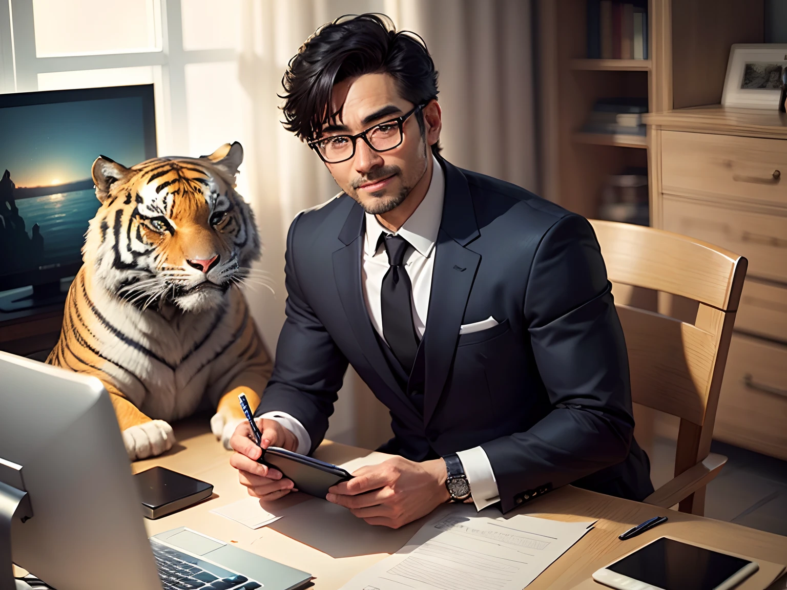 (Masterpiece), (Extreme Quality), (Super Meticulous), (Full Body: 1.2), Super Old Man, Chinese Dragon, Tiger, Wind God Thor, Sexy, Bursting, Oriental Face, TV Anchor, Bust Portrait Illustration, Black Formal Suit, Blue Tie, Slightly Chubby Face, Silver Glasses, Very Clean Face, No Beard on Chin, Black Super Short Hair, Black Eyes, Confident Smile, 3c Computer Sub-Products, iPad, iPhone, Digital Painting, 3D Character Design by Mark Claireden and Pixar and Hayao Miyazaki and Akira Toriyama, The illustration is a high-definition illustration in 4K resolution with very detailed facial features and cartoon-style visuals.