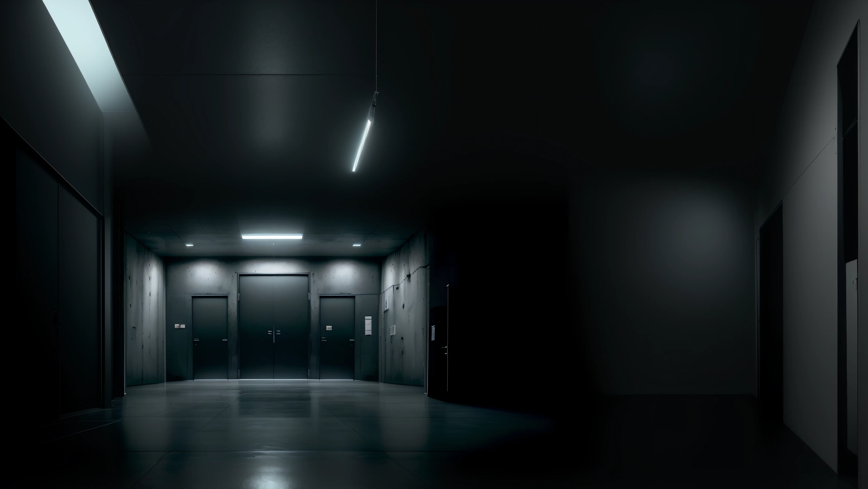 Un pasillo poco iluminado con puertas negras y suelo ?????, pasillo oscuro, the scary empty liminal spaces, pasillos oscuros, Dark concrete room, puertas, Fondo mate. Motor irreal, Pasillo largo y oscuro, inquietante espacio liminal espeluznante, en pasillo oscuro, Pasillo del espacio liminal, Gray warehouse background, En el ascensor oscuro, Pasillos oscuros