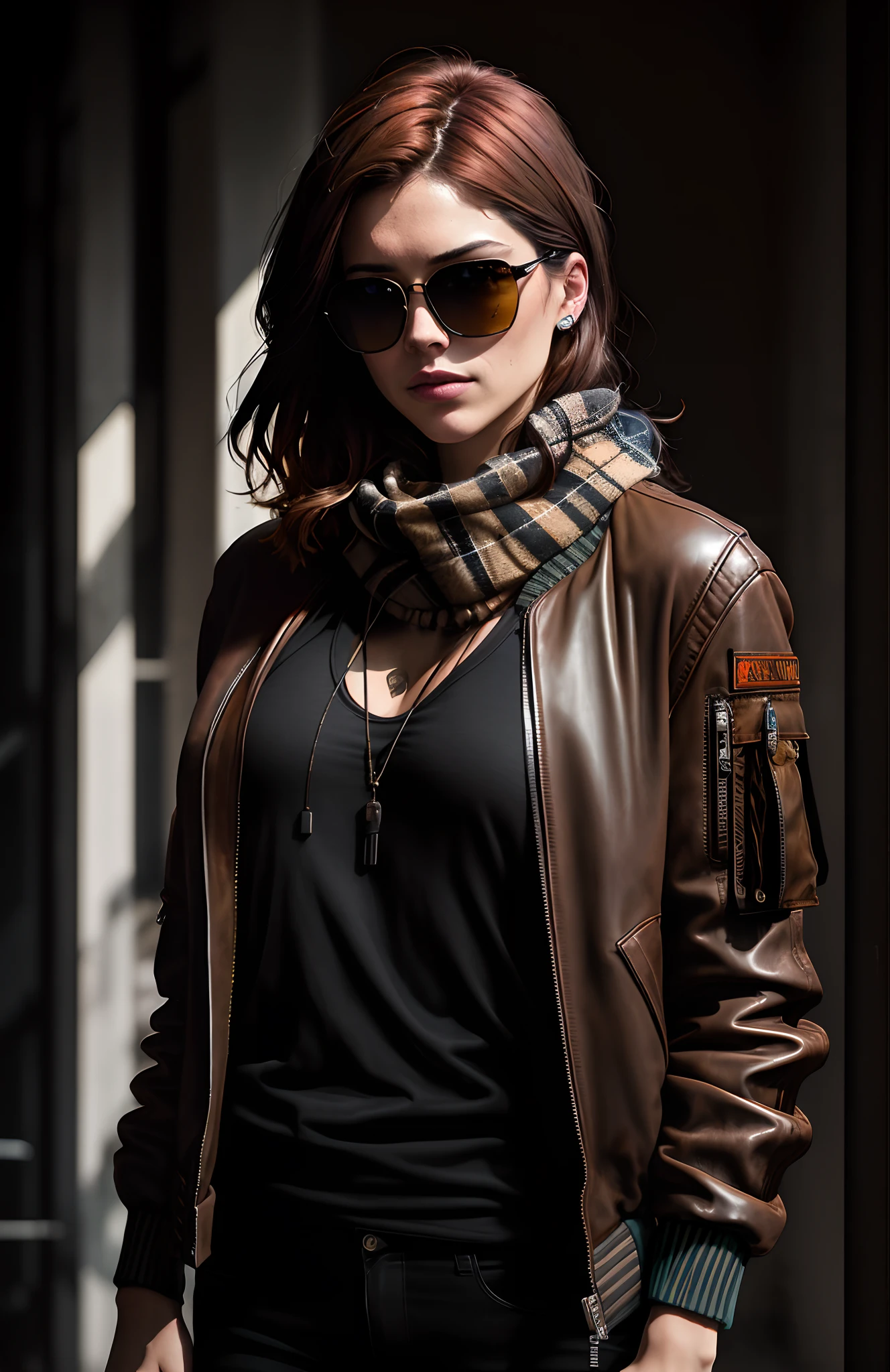 (dark shot:1.1), epic realistic, portrait of halo, sunglasses, blue eyes, tartan scarf, (brown leather bomber jacket:1.2), (tight, black, transparent:1.4, tank-top:1.2), auburn hair by atey ghailan, by greg rutkowski, by greg tocchini, by james gilleard, by joe fenton, gradient yellow, black, brown and magenta color scheme, grunge aesthetic!!! graffiti tag wall background, art by greg rutkowski and artgerm, soft cinematic light, adobe lightroom, photolab, hdr, intricate, highly detailed, (depth of field:1.4), faded, (neutral colors:1.2), (hdr:1.4), (muted colors:1.2), hyperdetailed, (artstation:1.4), cinematic, warm lights, dramatic light, (intricate details:1.1), complex background, (rutkowski:0.66), (teal and orange:0.4)