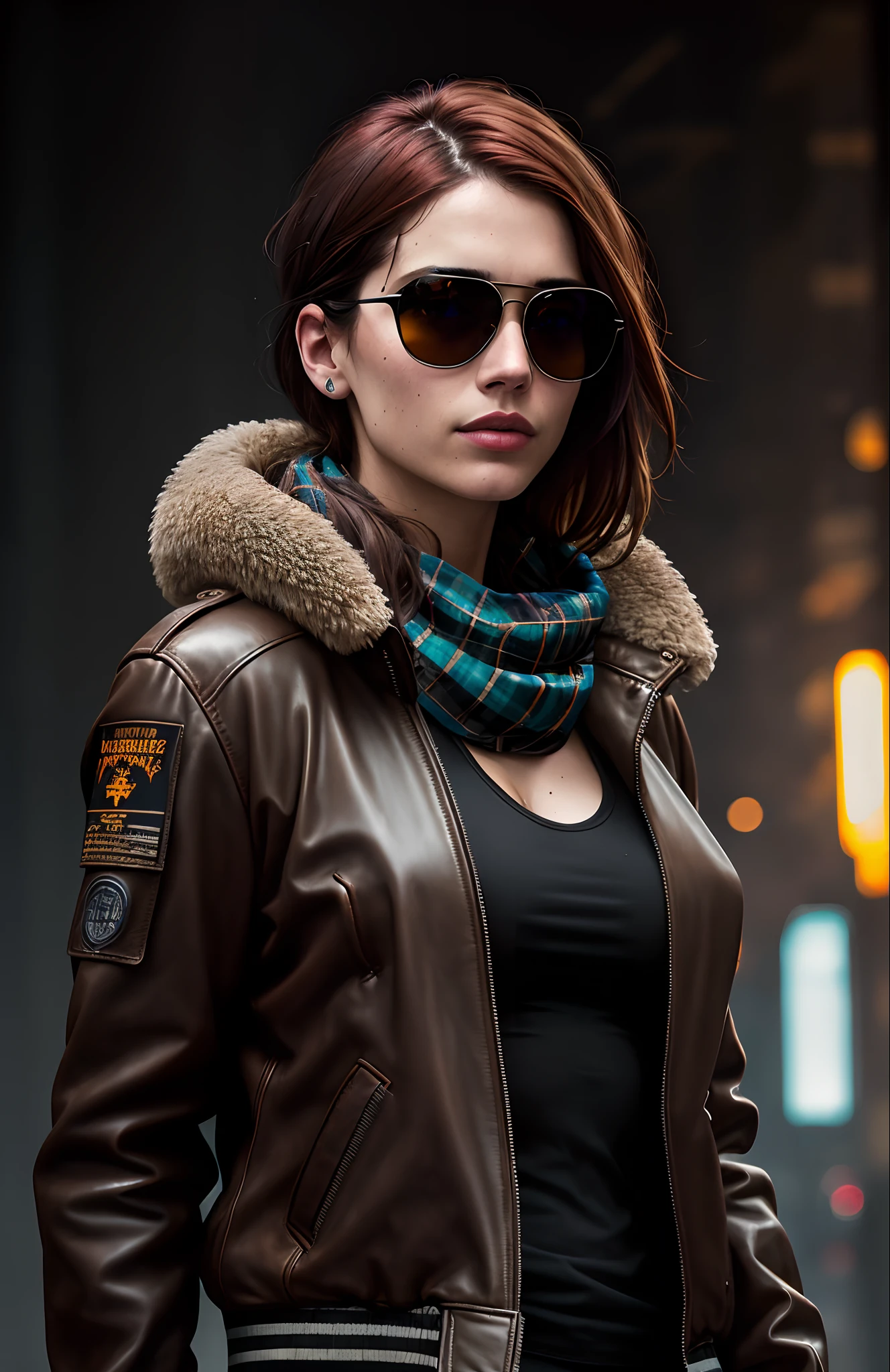 (dark shot:1.1), epic realistic, portrait of halo, sunglasses, blue eyes, tartan scarf, (brown leather bomber jacket:1.2), (tight, black, transparent:1.4, tank-top:1.2), auburn hair by atey ghailan, by greg rutkowski, by greg tocchini, by james gilleard, by joe fenton, gradient yellow, black, brown and magenta color scheme, grunge aesthetic!!! graffiti tag wall background, art by greg rutkowski and artgerm, soft cinematic light, adobe lightroom, photolab, hdr, intricate, highly detailed, (depth of field:1.4), faded, (neutral colors:1.2), (hdr:1.4), (muted colors:1.2), hyperdetailed, (artstation:1.4), cinematic, warm lights, dramatic light, (intricate details:1.1), complex background, (rutkowski:0.66), (teal and orange:0.4)