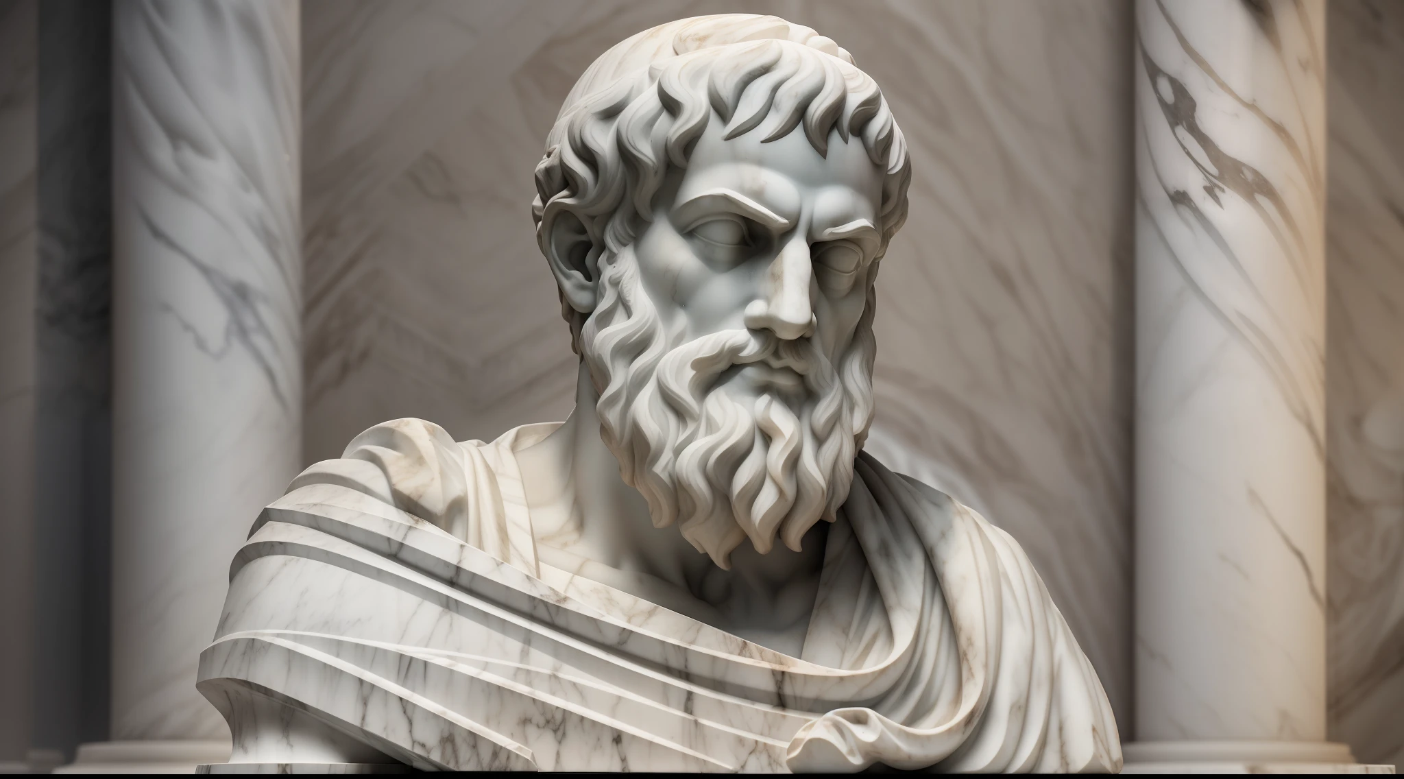A realistic Greek white marble statue of thoughtful brave Aristotle detailed wearing a ghostly toga, fundo neutro, Moody, , fotorrealista, thoughtful movie dinner, super detalhada, hiper realista, luzes brilhantes, 8 K