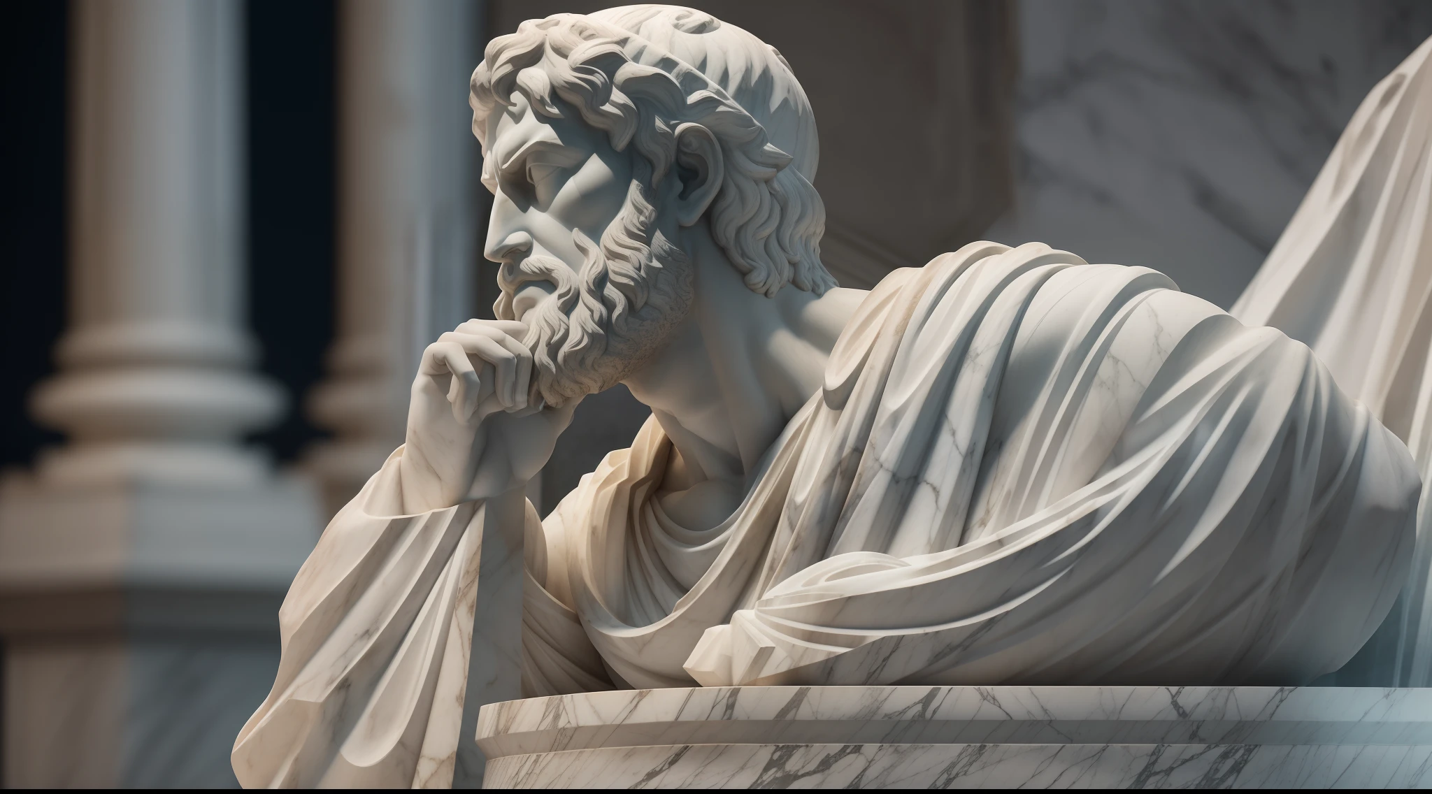 A realistic Greek white marble statue of thoughtful brave Aristotle detailed wearing a ghostly toga, fundo neutro, Moody, , fotorrealista, thoughtful movie dinner, super detalhada, hiper realista, luzes brilhantes, 8 K