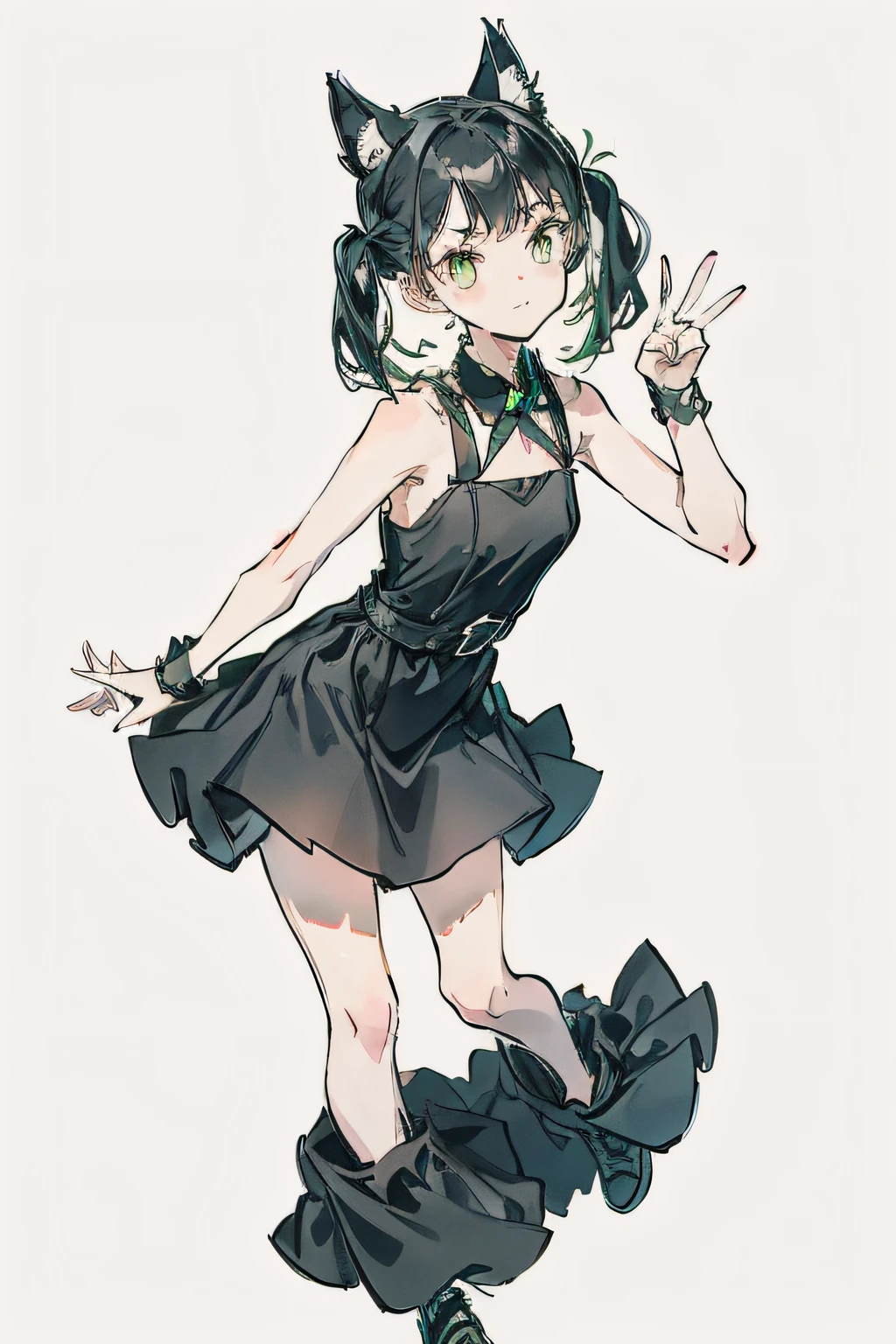 1girl, full green messy short hiar, black cat ears, black {simple sleeveless short dress with square neck line}, full body, tilted {peace sign pose only for one hand}, plain white background