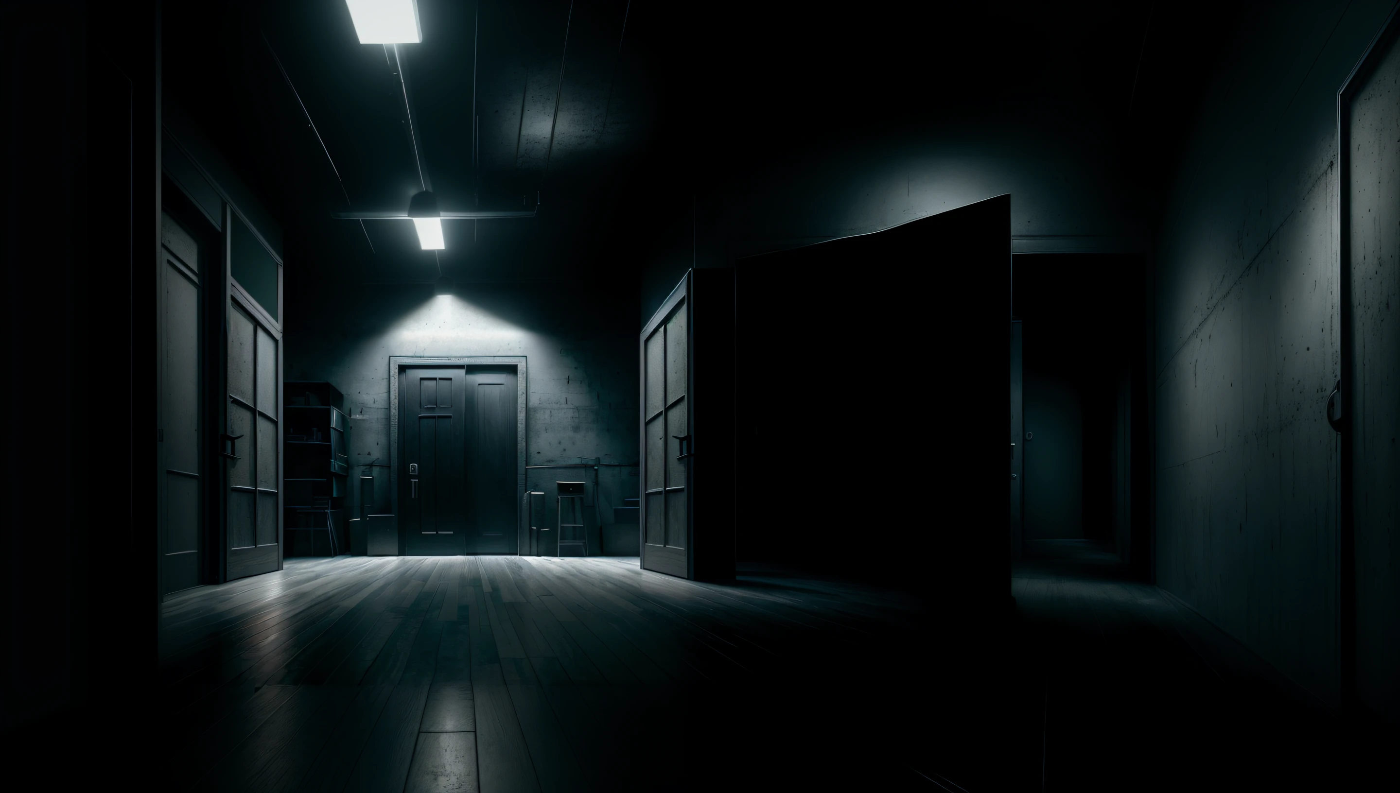 There is a dark room with a door and a light on, An empty back room at night, personal room background, room with eerie feeling, Trastiendas espeluznantes, Pasillo largo y oscuro, pasillo oscuro, the scary empty liminal spaces, Creepy room, very dark room, Located in the vault room of the bank, dimly lit room, Dark concrete room, Fondo mate. Motor irreal