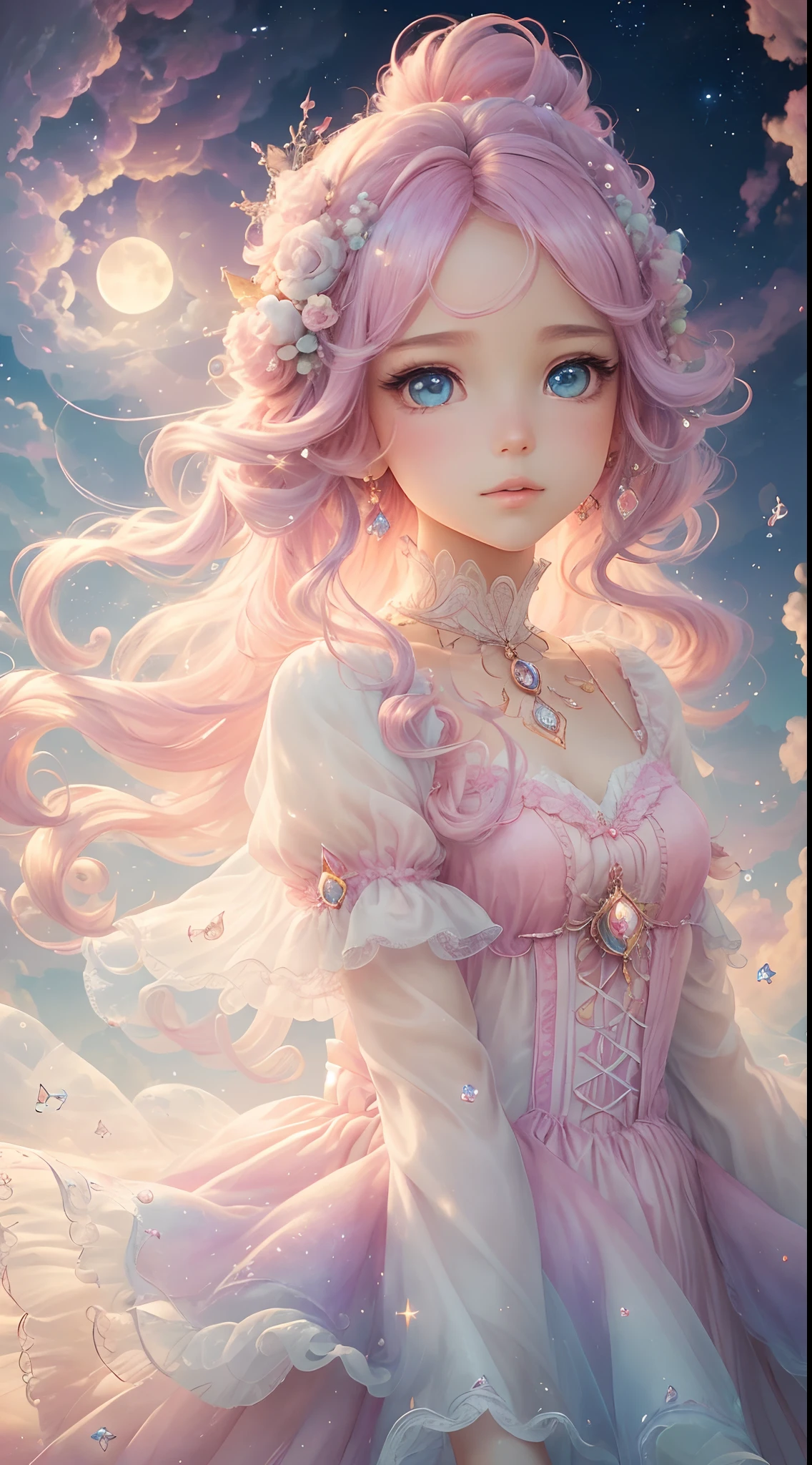 (best quality,4k,8k,highres,masterpiece:1.2),ultra-detailed,(realistic,photorealistic,photo-realistic:1.37),A girl with hair made of cotton candy,beautiful detailed eyes,beautiful detailed lips,extremely detailed eyes and face,longeyelashes,staring at the moon,sparkles,digital art,colorful,twinkling stars,dreamy atmosphere,fantasy world,whimsical,candy-inspired landscape,soft pastel colors,ethereal lighting,feminine,captivating,playful,artistic,floating cotton candy,pink and blue tones,magical,extravagant hairstyles,candy kingdom,delicate features,enchanted,moonlit sky,airy,mesmerizing,unique hairstyle,imagination unleashed,vibrant,happy,moonlight reflection,joyful,daydreaming,wistful,light and shadow interplay,curiosity,pure,innocent,breathtaking,quirky-expression,childlike wonder,otherworldly,explore the unknown,pink clouds,childhood fantasies come to life,whimsical dreamscape