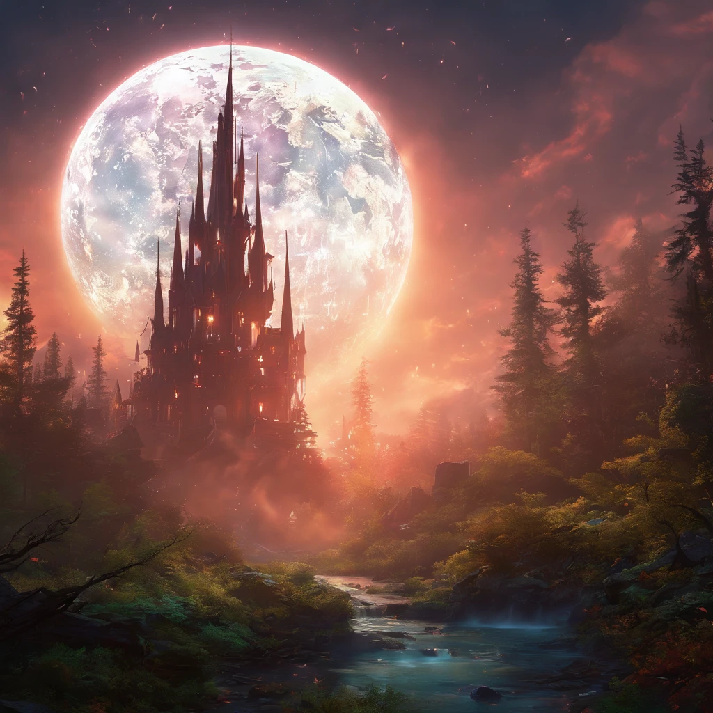 forest moon  at night illuminated by spotlights,,lightning storm and heavy rain by Greg Rutkowski, Sung Choi, Mitchell Mohrhauser, Maciej Kuciara, Johnson Ting, Maxim Verehin, Peter Konig, Bloodborne, beeple, 8k photorealistic, cinematic lighting, HD, high details, atmospheric, trending on artstation. made in Maya, Blender and Photoshop, octane render, excellent composition, cinematic dystopian