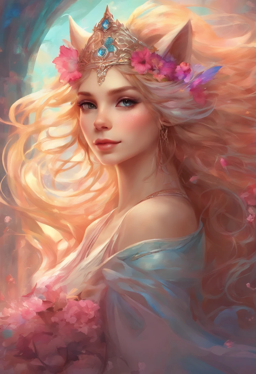 A woman with feline features, suas orelhas tem o formado de orelhas de gato, cabelos longos e ruivos, uso uma coroa de princesa veste vermelhas e rosa ,olhos de gatos, kawaii retrato realista, Guweiz, portrait of magical young girl, personagem bonito, Belo estilo de arte, Arte do Personagem Fantastic Story, Retrato bonito, Retrato bonito da mulher, Non-realist art