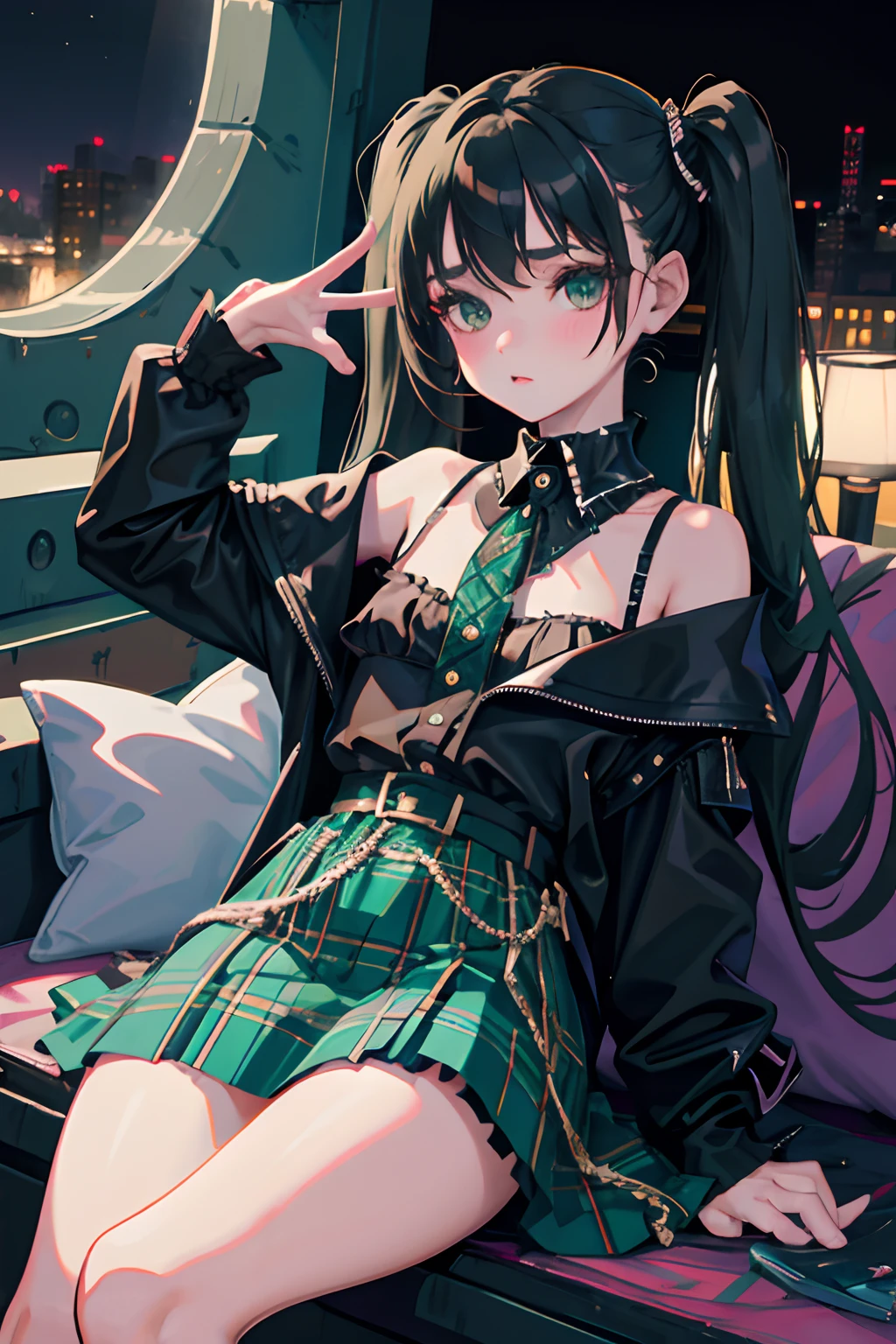turned around，（​masterpiece，Highest Quality），(child:1.3)，Blue-green goth spank，Burberry Plaid Skirt，(A dark-haired，long twintails)，embarrassed from，Delicate body，petite body，Night city