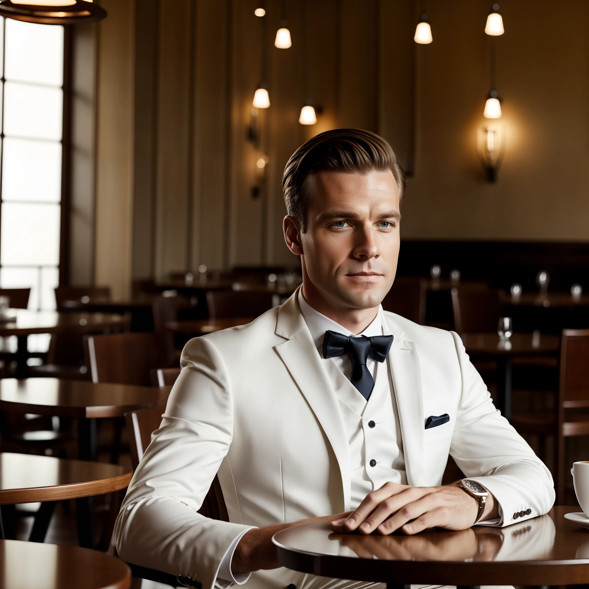 (A white man sitting in a café in a suit) | (Elegant men's mature formal wear), Cinematic 8K