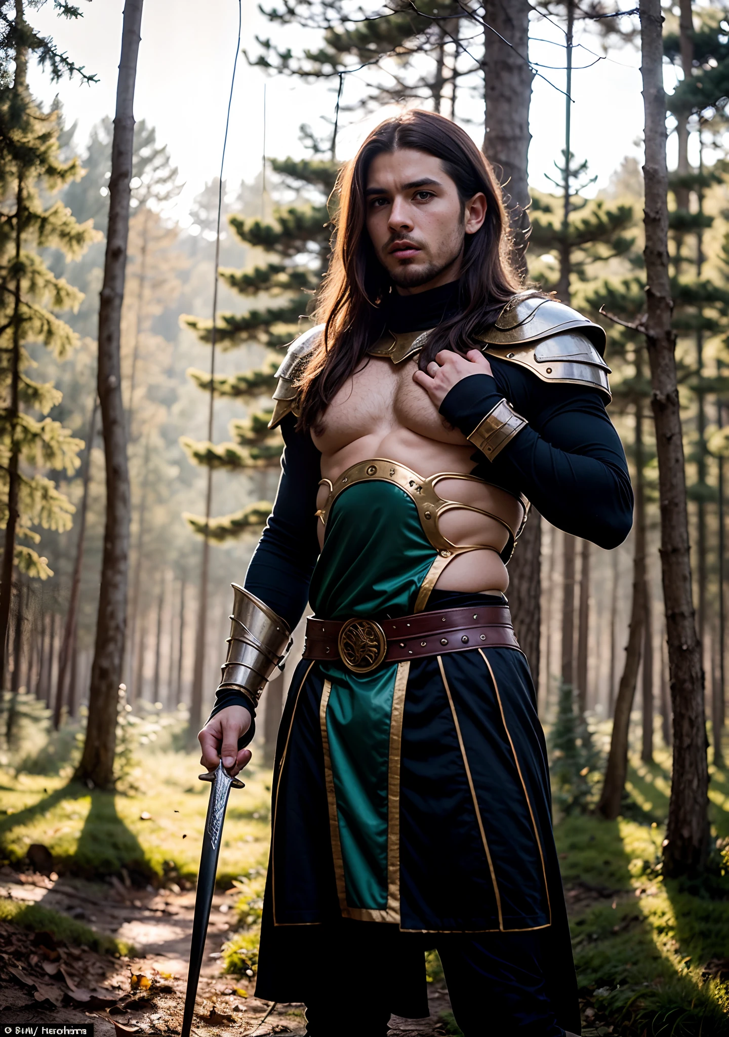 A fierce Elf warrior stands tall in the middle of a forest::10. He is a tall and rugged character, with well-defined muscles, a stern gaze, sporting golden hair on his lean figure. He is adorned in emerald green battle armor, featuring intricate, Celtic-like designs interwoven with the elements of nature, portraying his deep connection with the earth itself. In his hands, he holds a gleaming double-edged sword::8. The woodland around him is lush and vast, laden with ancient oak trees, their leaves bustling with a soft hum that echoes the song of the wind. The forest floor, carpeted in moss and blanketed by a thin morning mist, glows under the morning sun that filters through the dense canopy overhead::8. The atmosphere is calm but tense, a still moment before the storm, resounding the warrior's calm demeanor contrasting with the danger that lies ahead. The warrior's gaze is unwavering, determined, pulsating with an aura of courage::9. The shot is taken with the Nikon D6, using an aperture of f/2.8 to procure a moderately shallow depth of field, separating the subject from the background. The lighting is a mix of Window Light and Soft Lighting, highlighting the ethereal glow of the morning sun against the nuances of the warrior's armor and the beautiful forest backdrop. The style demanded is hyperrealistic, imitating real-world lighting and textures for the utmost immersion.