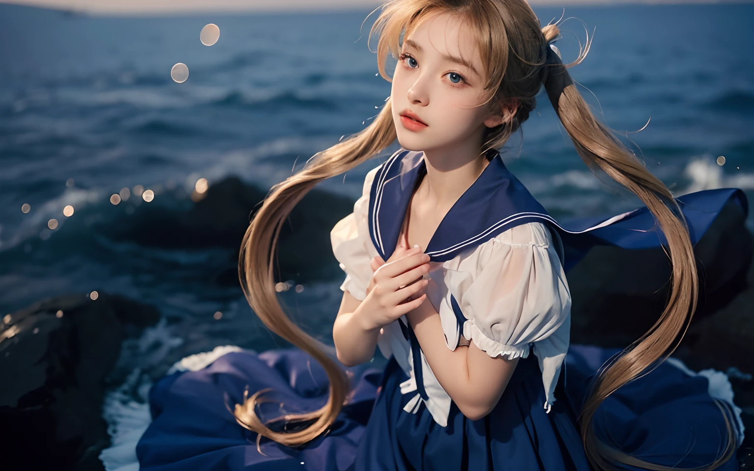 High resolution, realistic. Sailor Moon, Masterpiece, slightly side view. beautiful young girl, 1girl, pretty big blue eyes, 15 years old, asian, beautiful face, detailed face, delicate nose, (beautiful nose), small nose, delicate lips, delicate lips, long blond hair, straight hair, bands. , Perfect hands. Hair blowing in the air. Wearing a delicate sailor dress. Perfect dress. Shadows. raining landscape