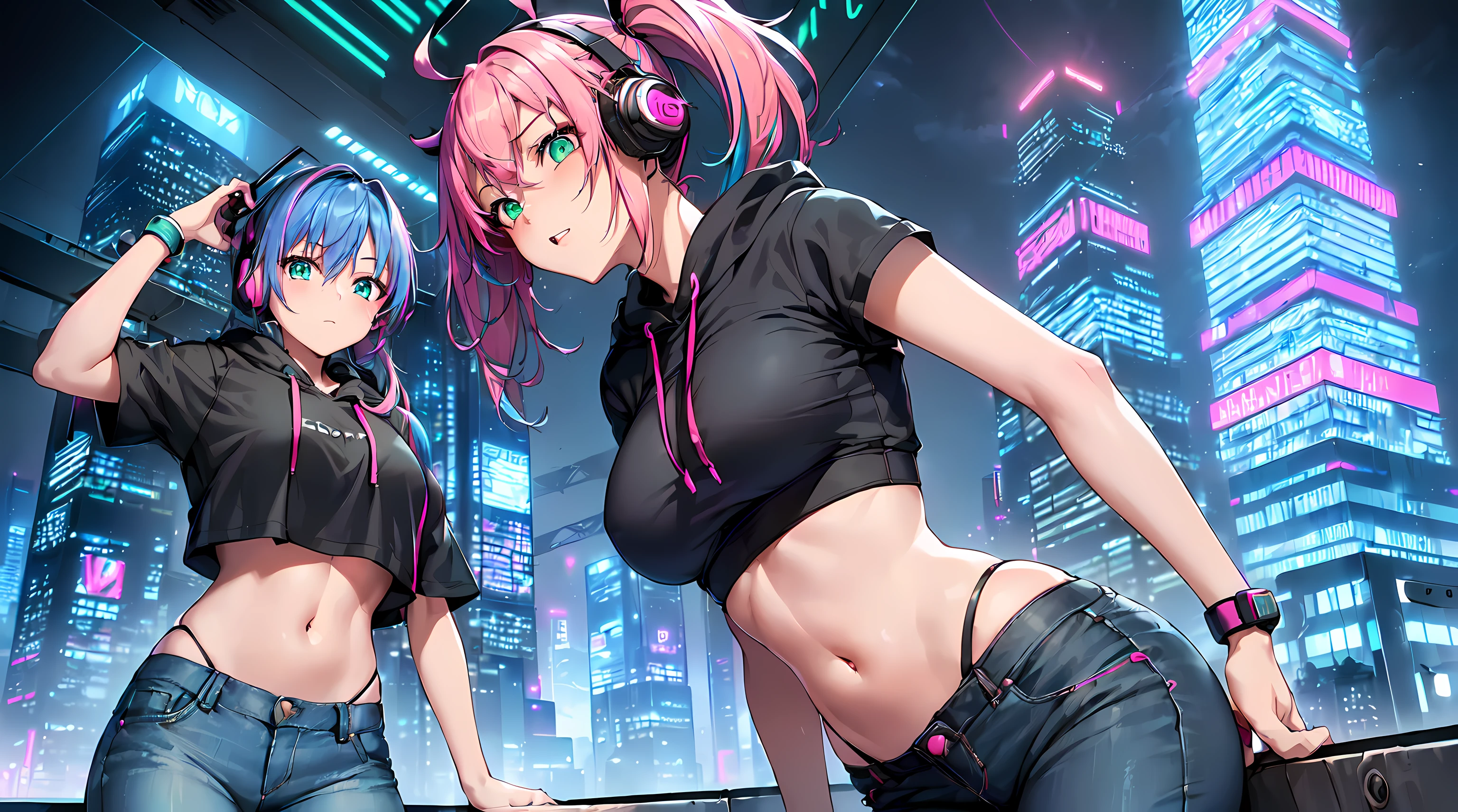 masterpiece, 1girl ((20year old, Black short sleeve hoodie exposes navel, tight blue jeans, medium breasts, multicolor pink hair, twin ponytails, green eyes, Happiness, headphones, urban cityscape at night, neon lights and towering skyscrapers, futuristic and energetic atmosphere))