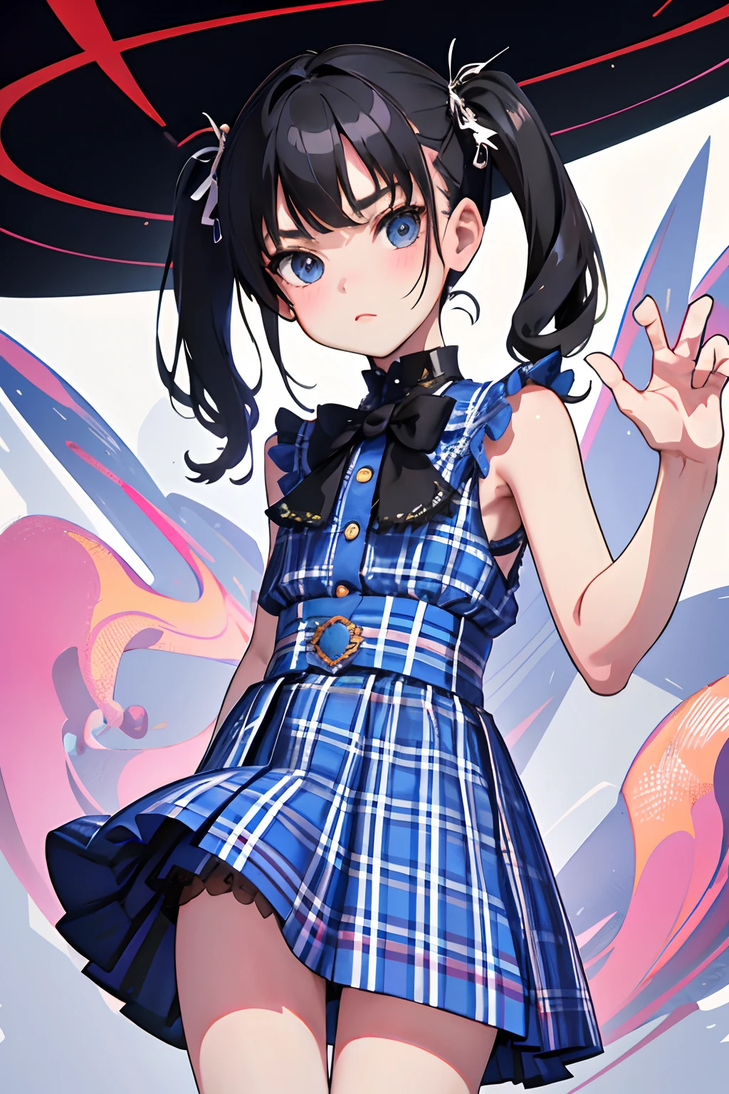 turned around,(masterpiece,Highest Quality),(child:1.3),Blue goss punk,Burberry Plaid Skirt,(A dark-haired,short twintails),embarrassed from,Delicate body,petite body