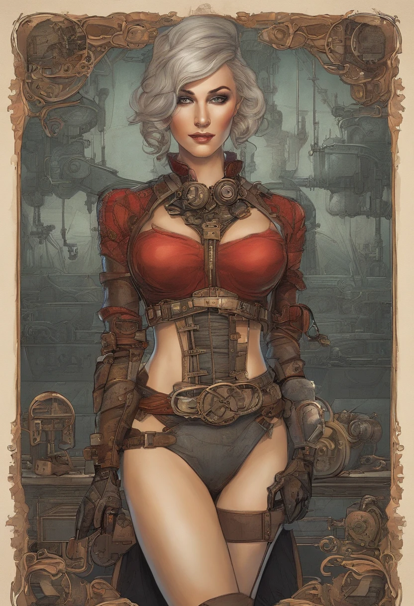 android , bangs , black jacket , blush , bob cut , breasts , building , city lights , clothing cutout , cowboy shot , cyberpunk , hair between eyes , inpainted , jacket , long sleeves , looking at viewer , mechanical legs , mechanical parts , midriff , navel , night , open clothes , open jacket , outdoors , parted lips , pointy ears , power lines , puffy sleeves , red eyes , science fiction , short hair , small breasts , solo , standing , stomach , watermark , white hair