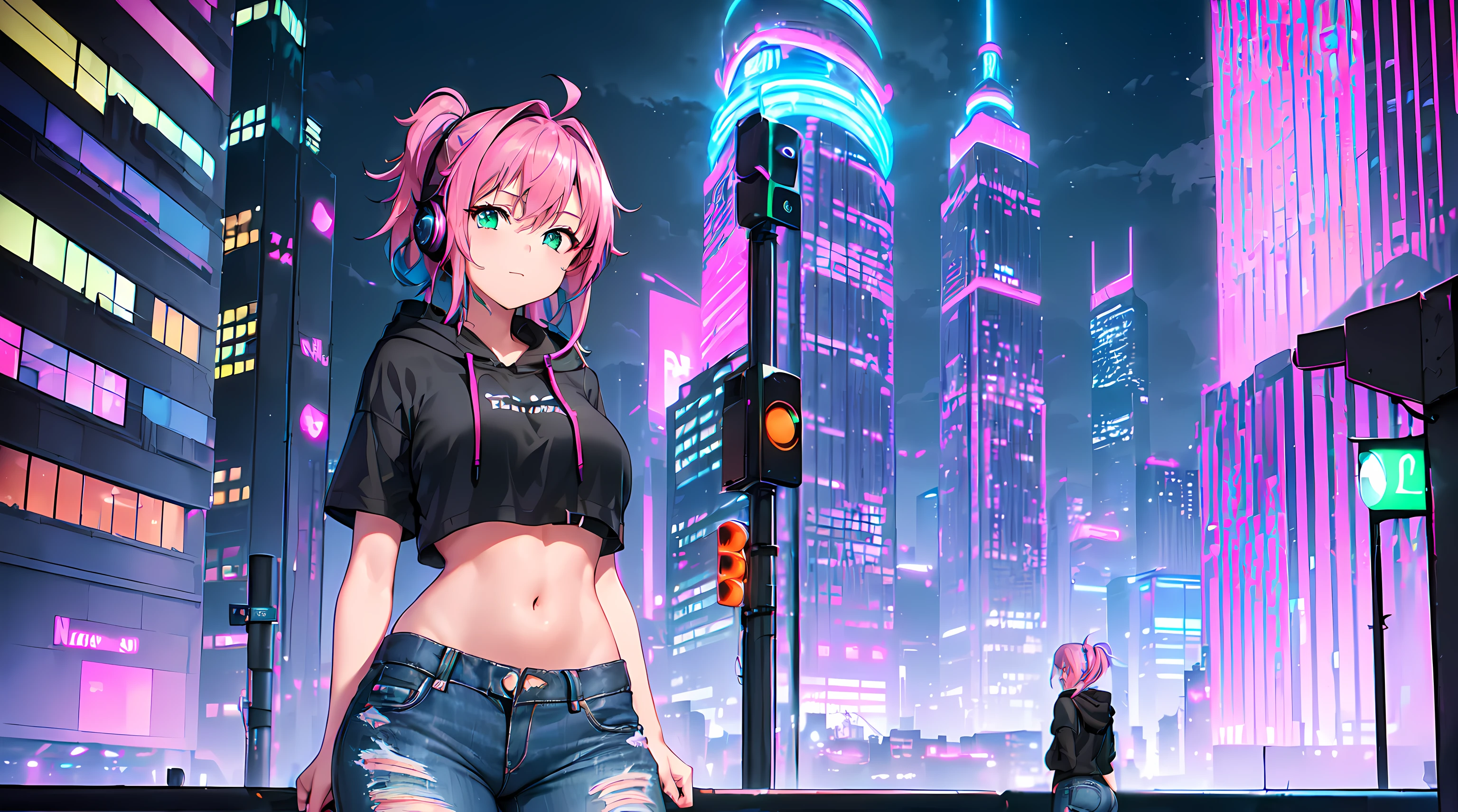 masterpiece, 1girl ((20year old, Black short sleeve hoodie exposes navel, tight blue jeans, medium breasts, multicolor pink hair, twin ponytails, green eyes, Happiness, headphones, urban cityscape at night, neon lights and towering skyscrapers, futuristic and energetic atmosphere))