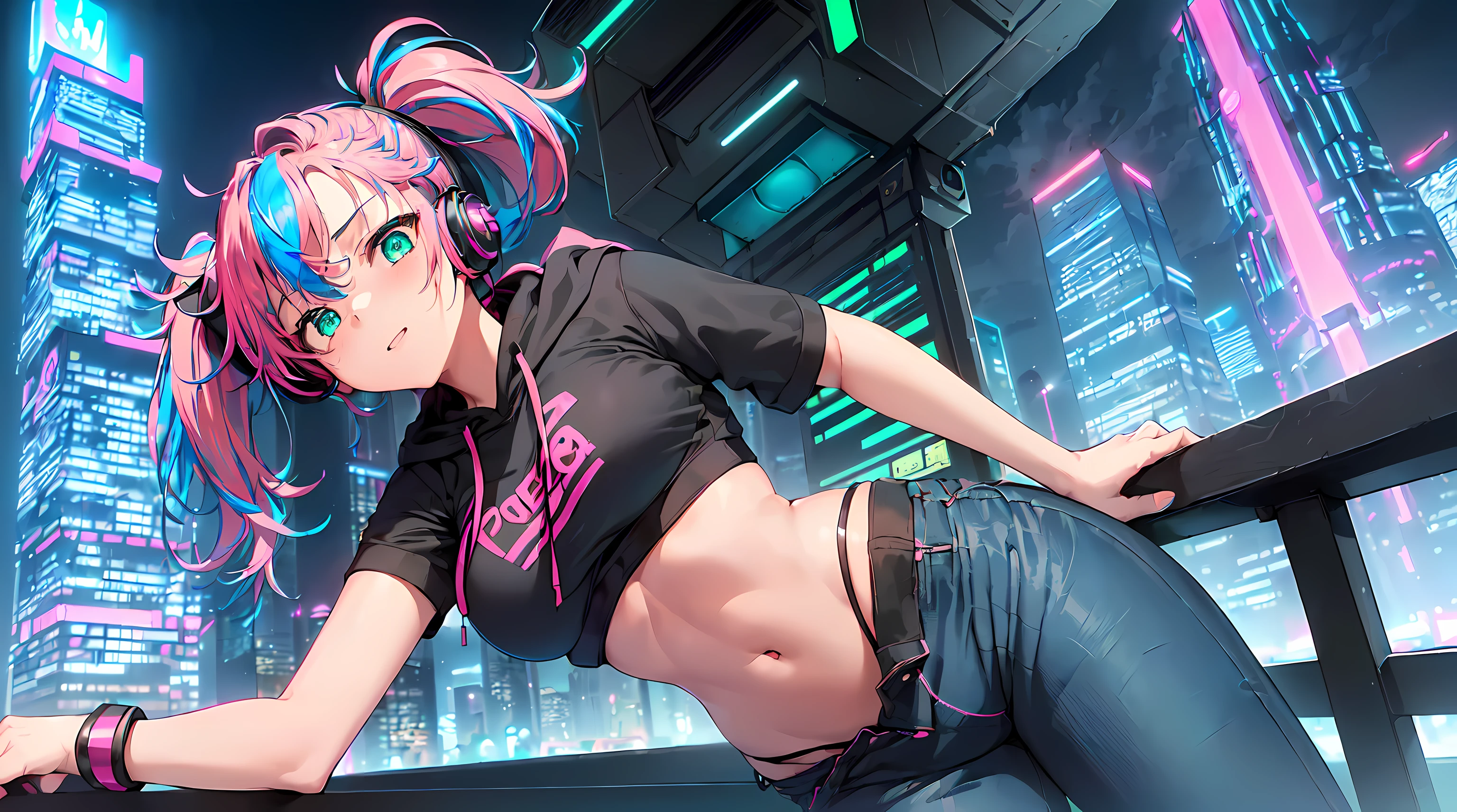 masterpiece, 1girl ((20year old, Black short sleeve hoodie exposes navel, tight blue jeans, medium breasts, multicolor pink hair, twin ponytails, green eyes, Happiness, headphones, urban cityscape at night, neon lights and towering skyscrapers, futuristic and energetic atmosphere))