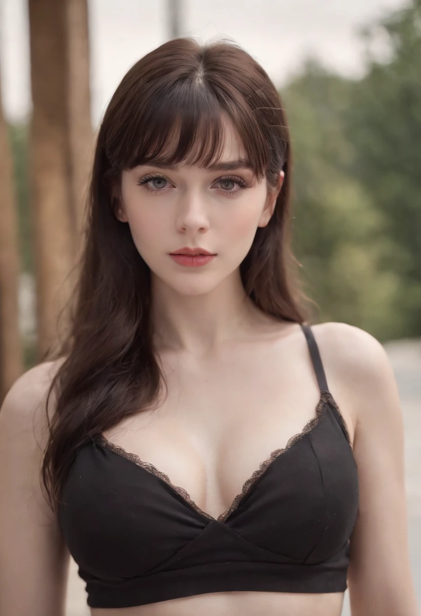 Pale skin Girl, black long hair with bangs, thin waist, thick thighs, big breasts, six-pack abs, toned legs, biceps, short black shorts, short black top, Young girl, attractive body, hot body, thick thighs, very thin waist, six-pack abs, thick lips, pale skin