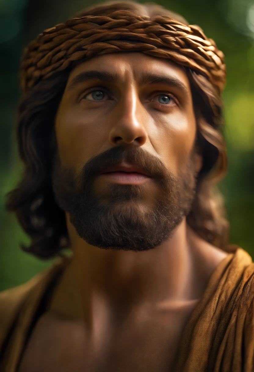 jesus cristo,floresta,paisagem iluminada, manto vermemlho ,barba ,ultra realista ,imagem real hd,alta qualidade,corpo inteiro , coroa de espinhos ,mostrando corpo inteiro