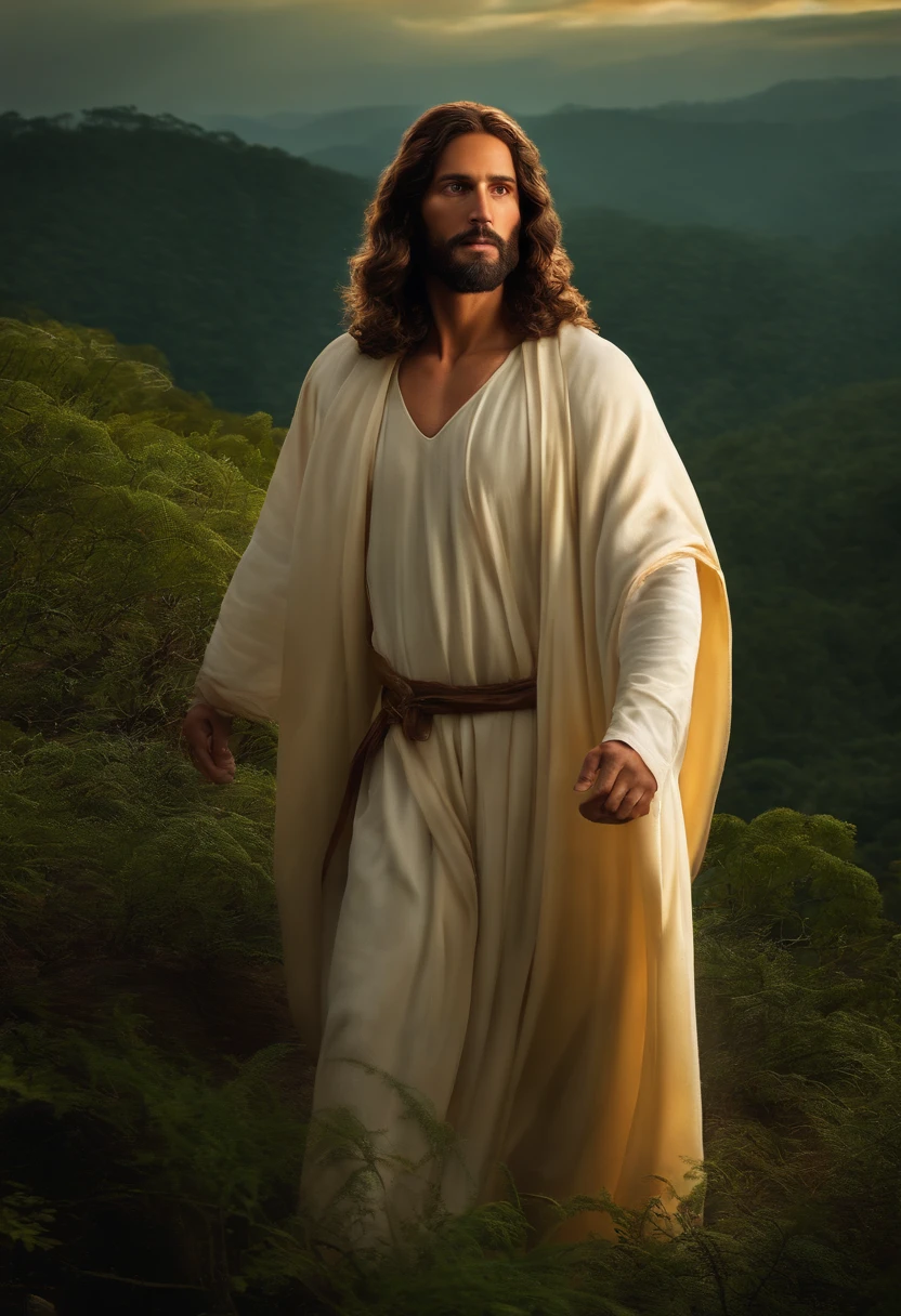 jesus cristo,floresta,paisagem iluminada, manto vermemlho ,barba ,ultra realista ,imagem real hd,alta qualidade,corpo inteiro , coroa de espinhos ,mostrando corpo inteiro