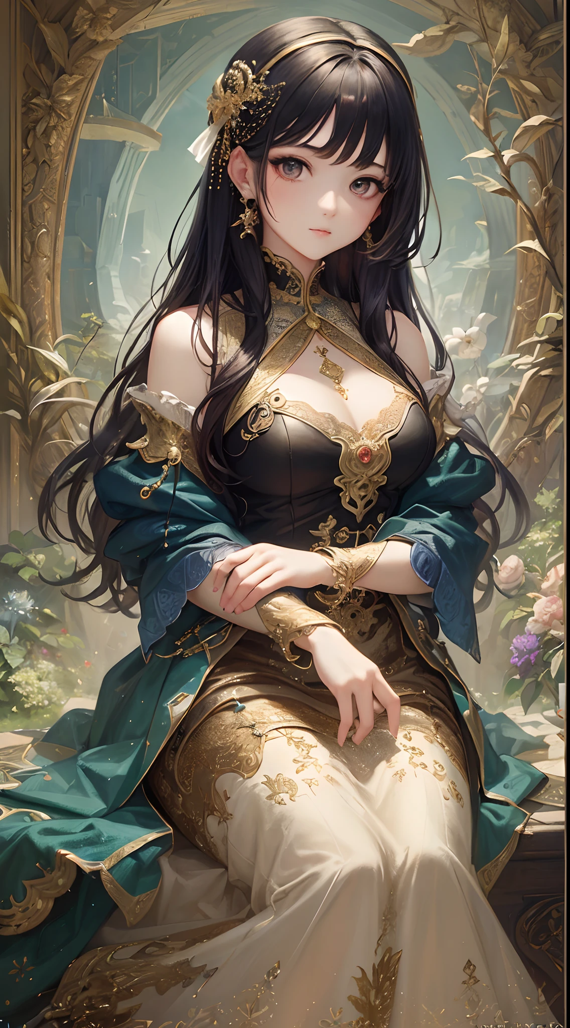 Italian girl 25 years old, very long black hair, busty, very long black hair, fantasy sorceress